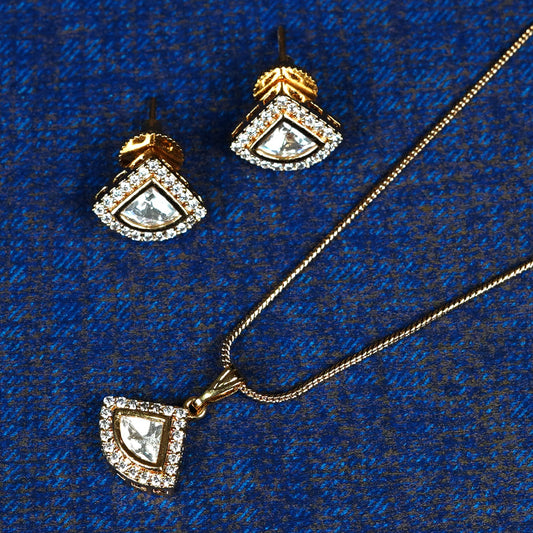 Zevar Club 22K Gold-Plated Cubic Zirconia Studded Geometric Pendant Necklace Set for Women