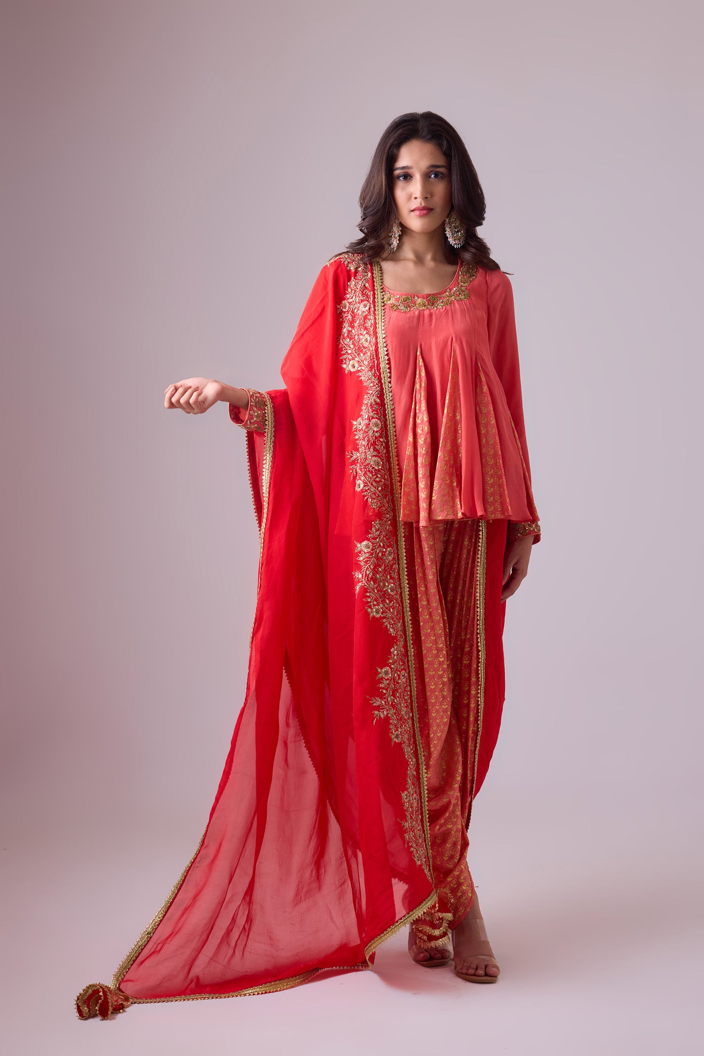 Rose Salmon Crepe godet top with pleated dhoti salwar pant and scarf