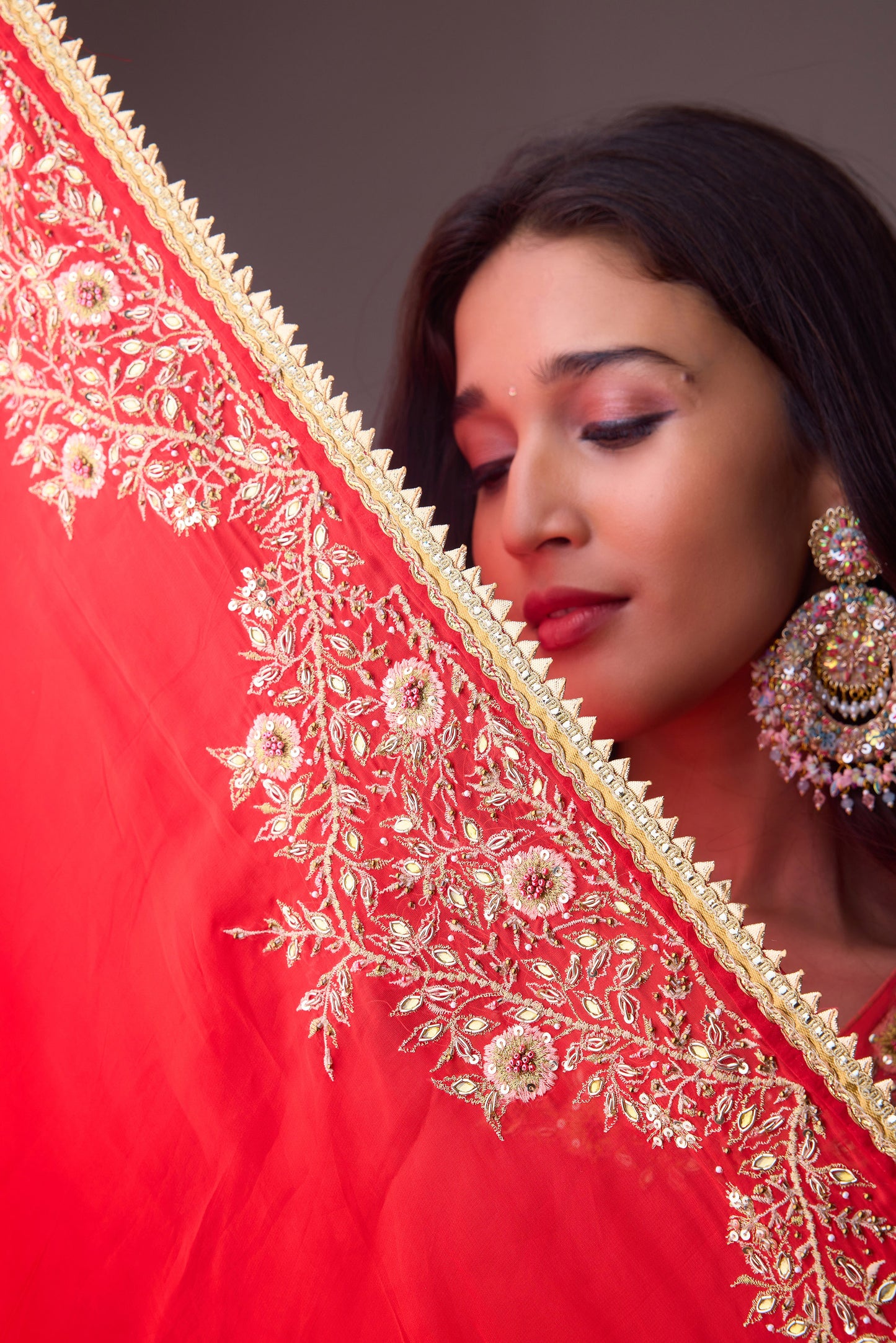 Rose Salmon Crepe godet top with pleated dhoti salwar pant and scarf