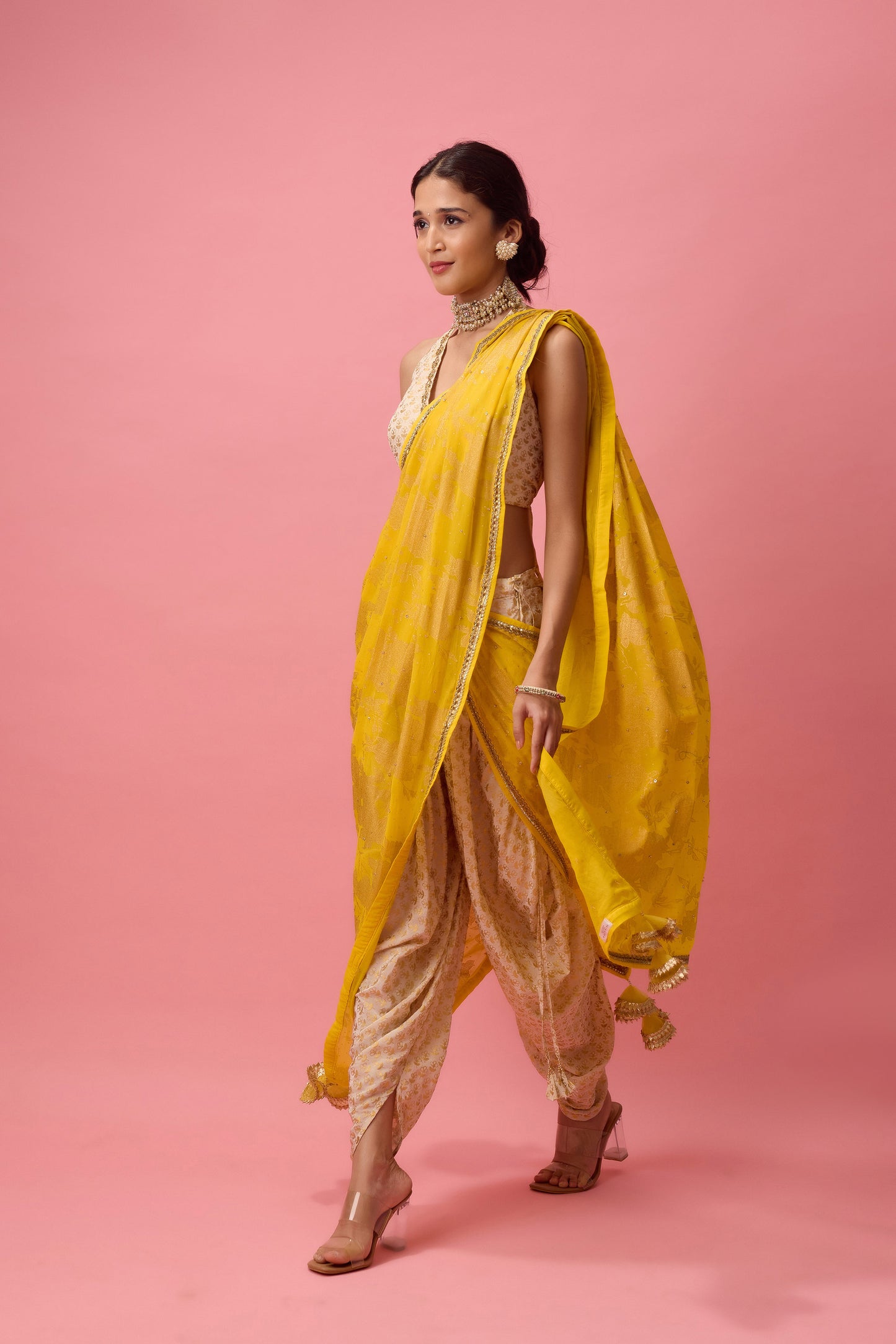 Yellow Crepe Hand embroidered dhoti saree