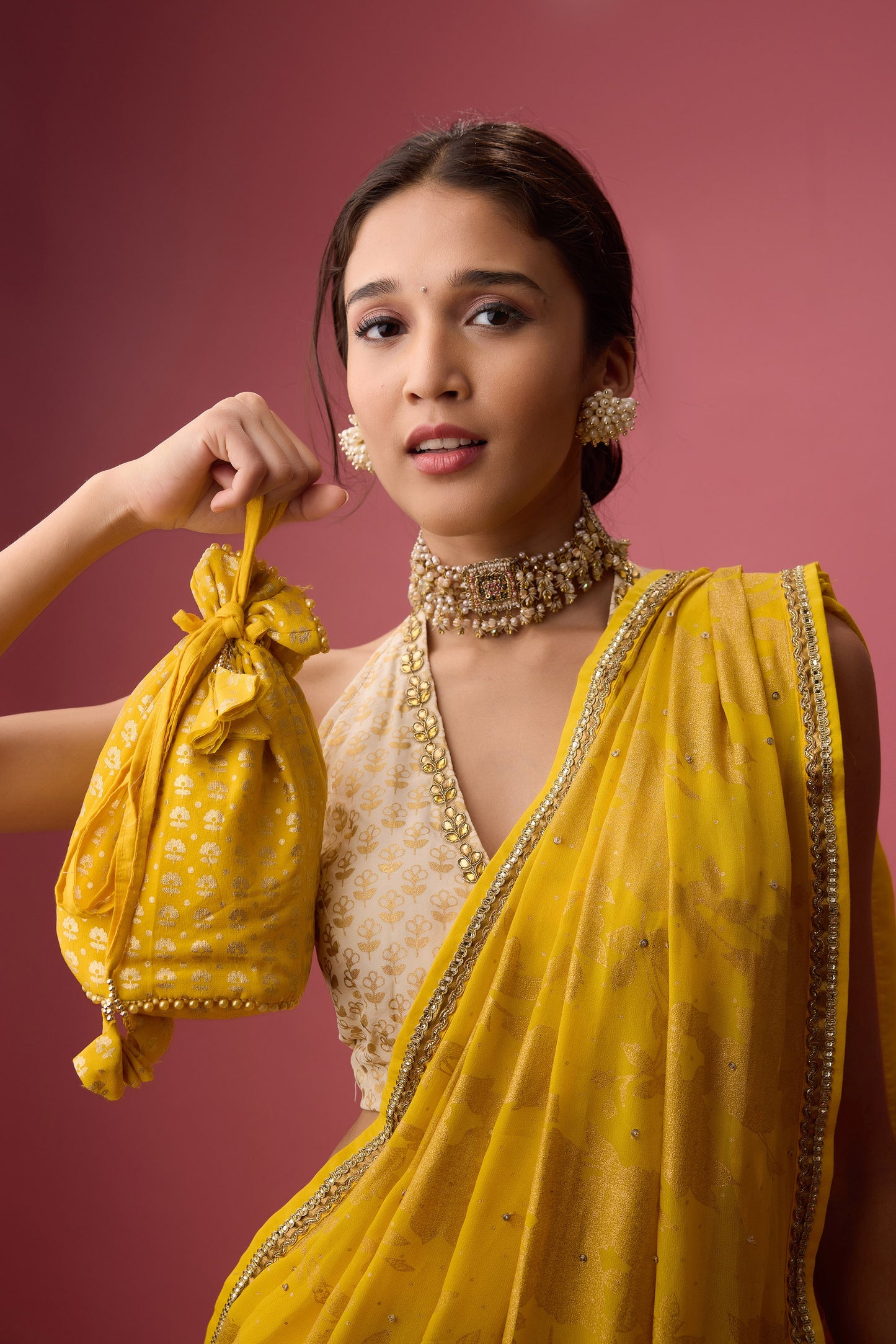 Yellow Crepe Hand embroidered dhoti saree