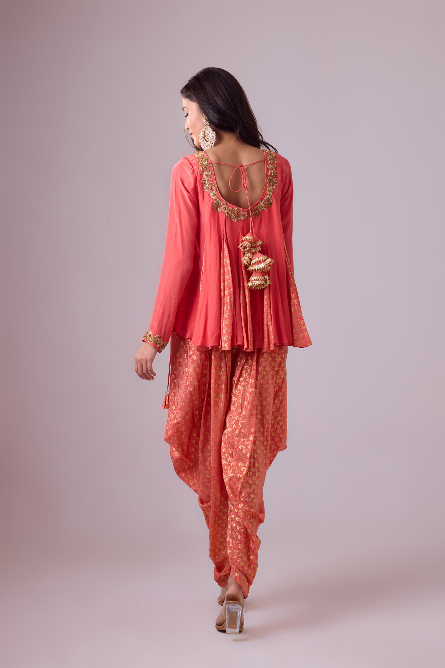 Rose Salmon Crepe godet top with pleated dhoti salwar pant and scarf