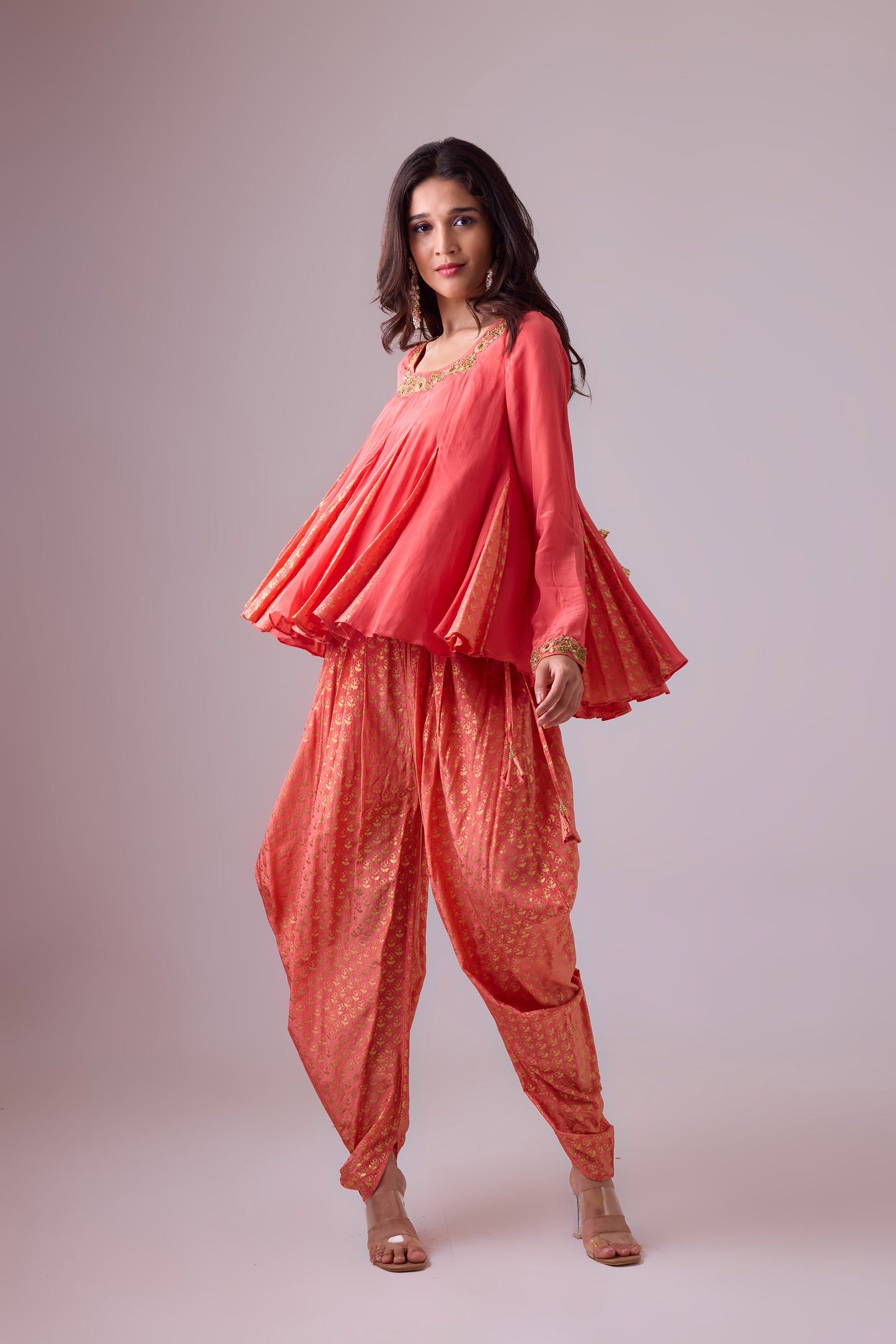 Rose Salmon Crepe godet top with pleated dhoti salwar pant and scarf