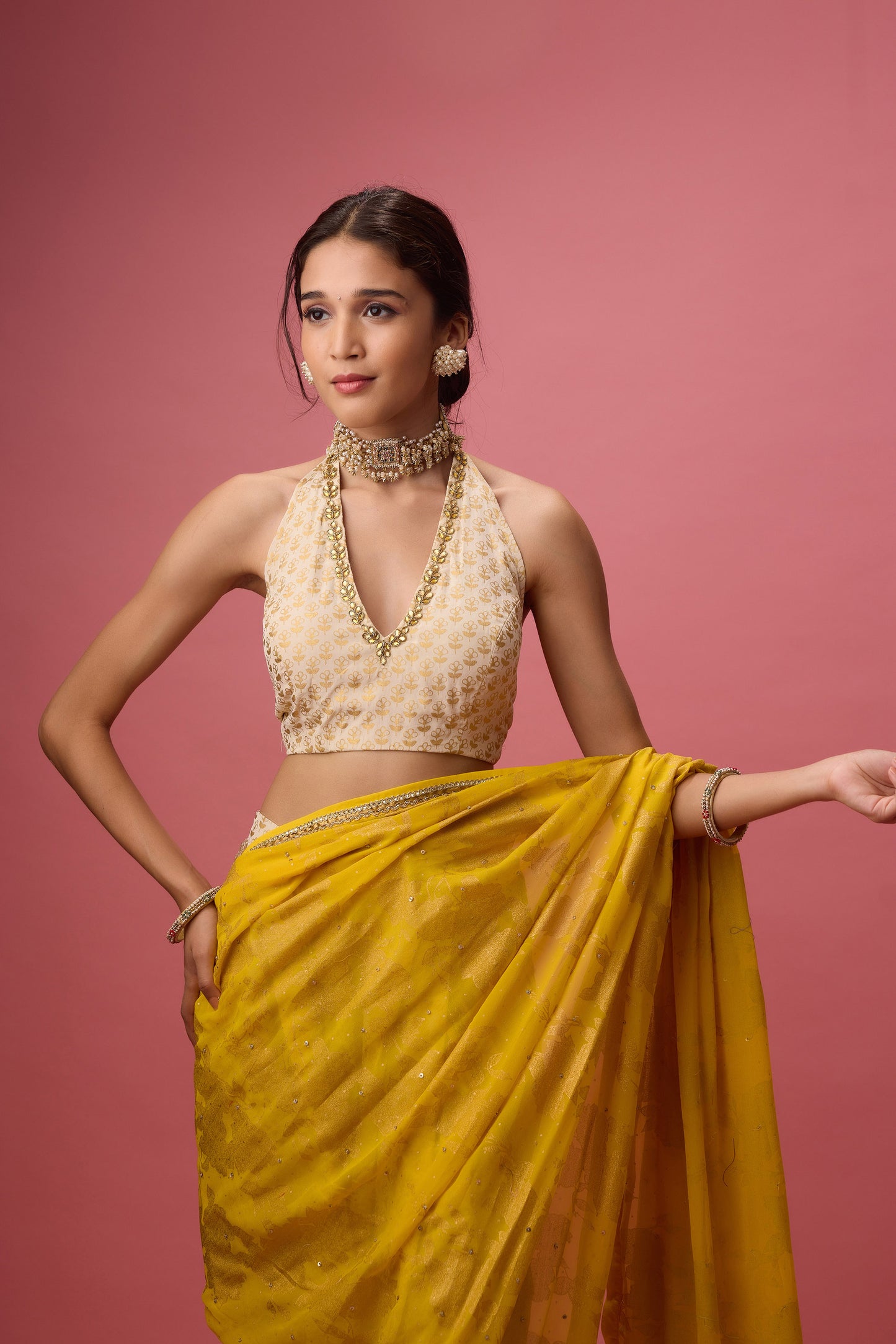 Yellow Crepe Hand embroidered dhoti saree