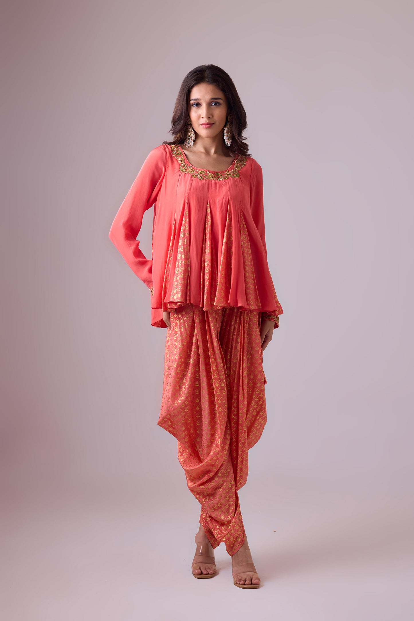 Rose Salmon Crepe godet top with pleated dhoti salwar pant and scarf