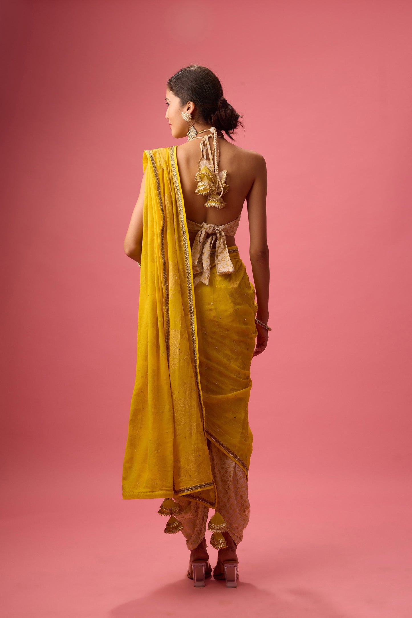 Yellow Crepe Hand embroidered dhoti saree