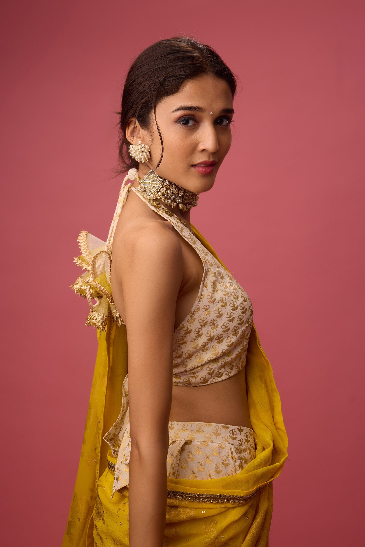 Yellow Crepe Hand embroidered dhoti saree