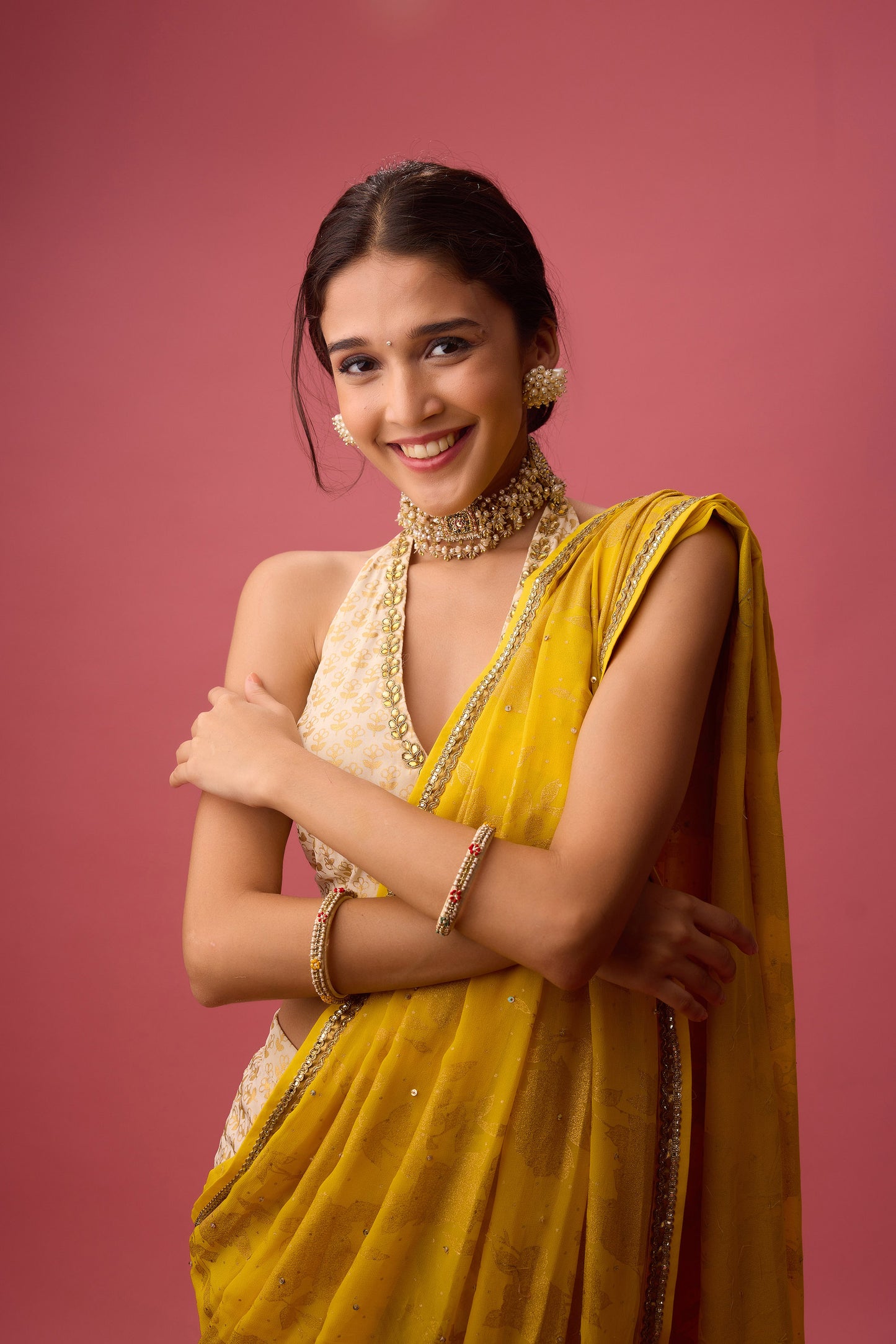 Yellow Crepe Hand embroidered dhoti saree