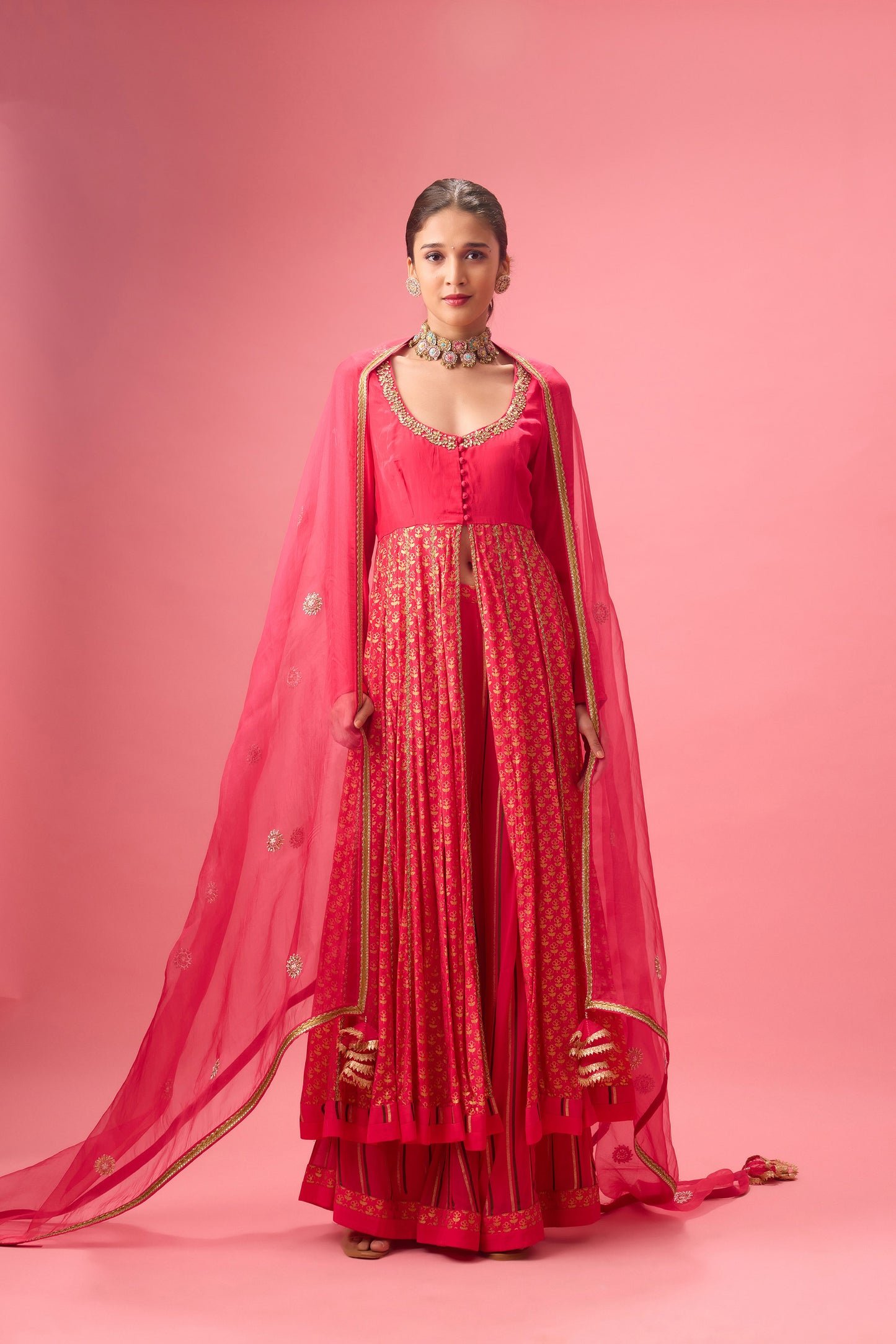 Rani pink kalidar kurta with flared pant and dupatta