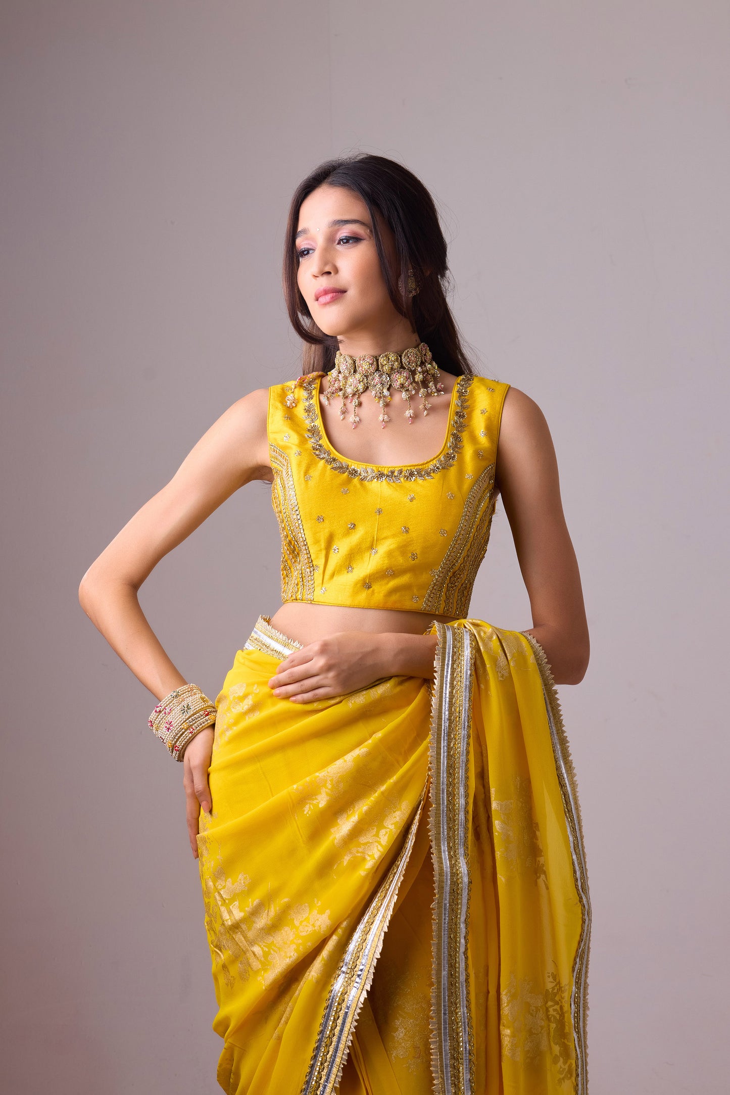 Georgette badal sitara gold foil printed saree with gota blouse