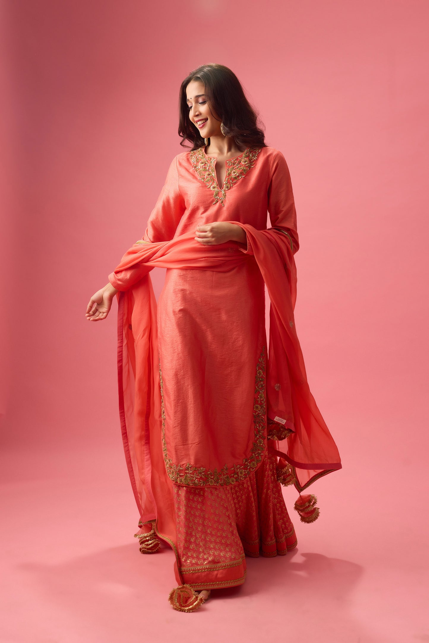 Rose Salmon Apple cut kurta with double layer organza paired with dupatta