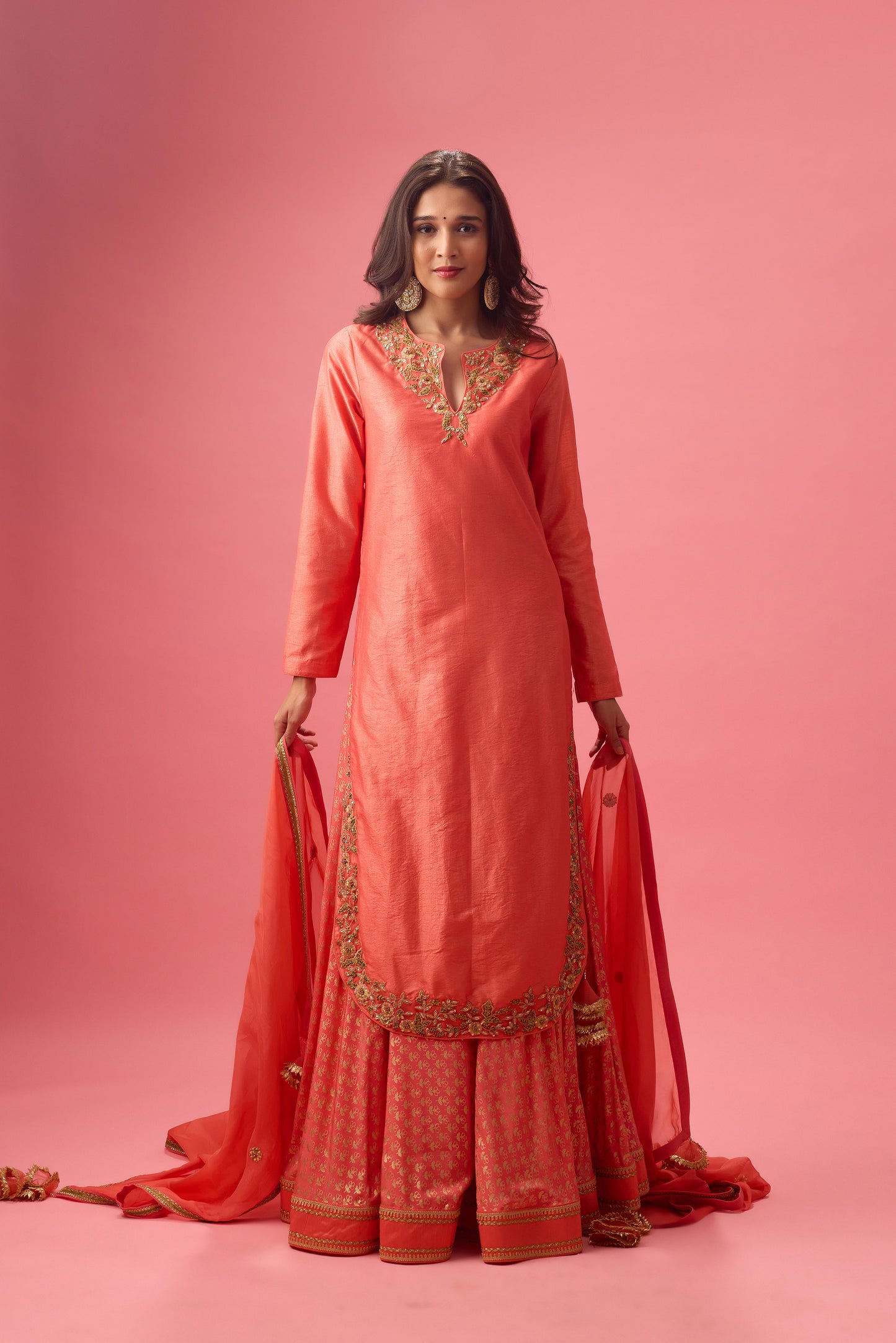 Rose Salmon Apple cut kurta with double layer organza paired with dupatta