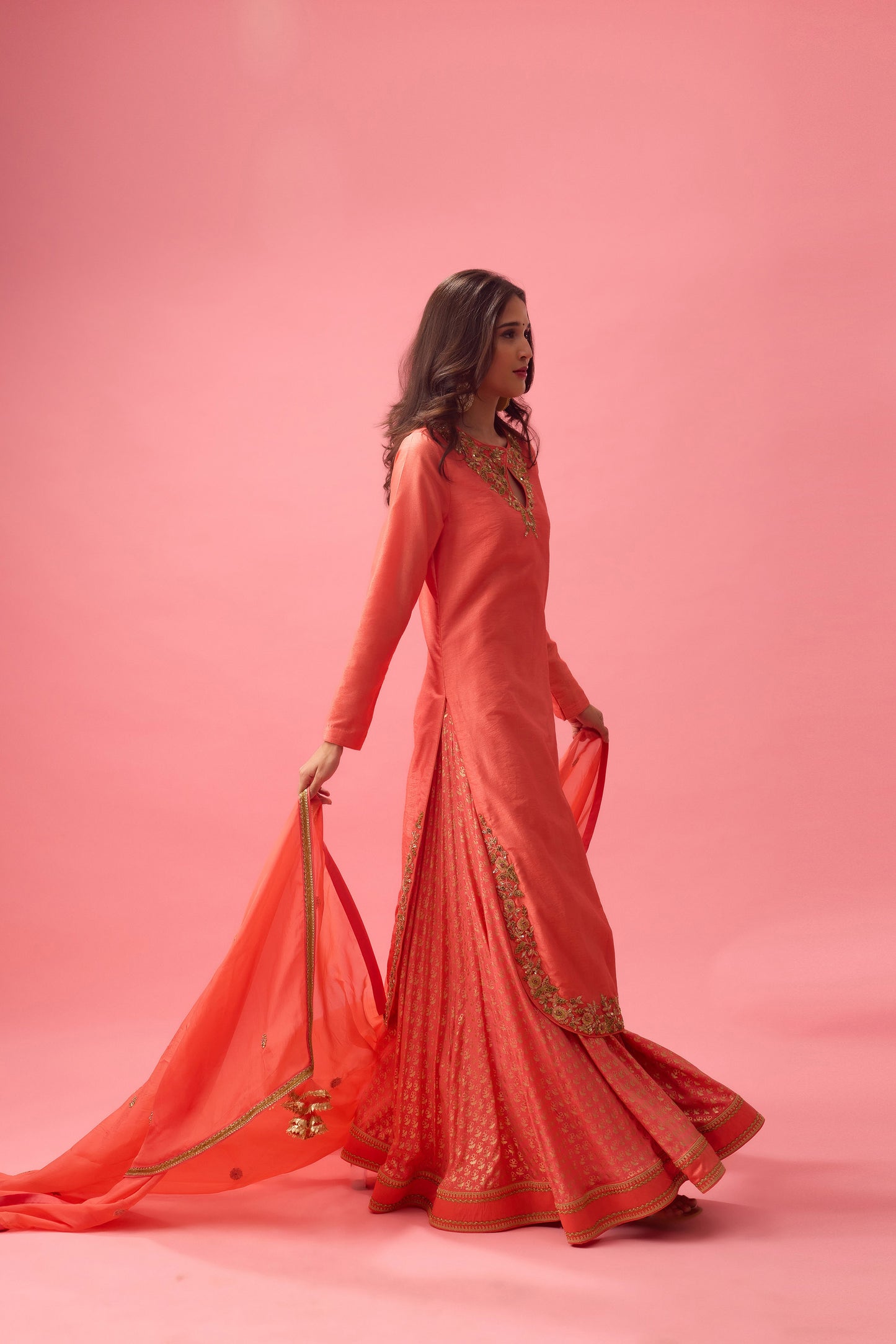 Rose Salmon Apple cut kurta with double layer organza paired with dupatta