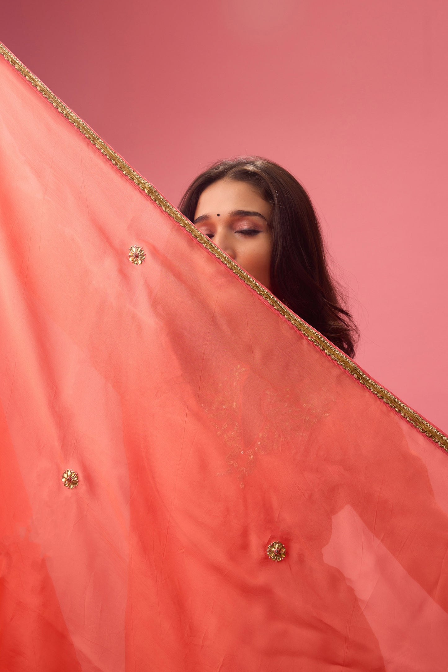 Rose Salmon Apple cut kurta with double layer organza paired with dupatta