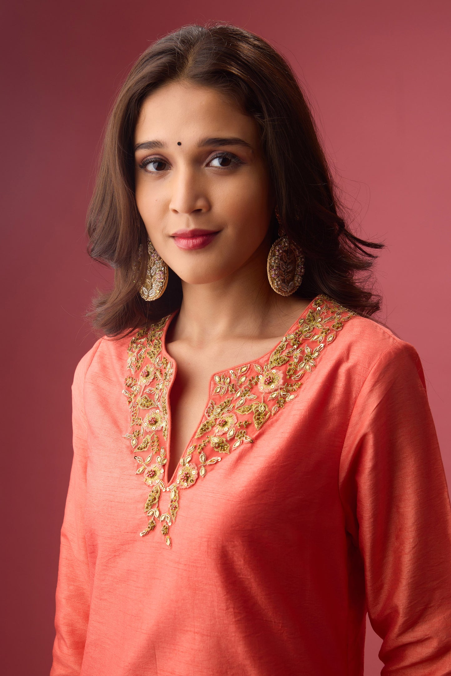 Rose Salmon Apple cut kurta with double layer organza paired with dupatta