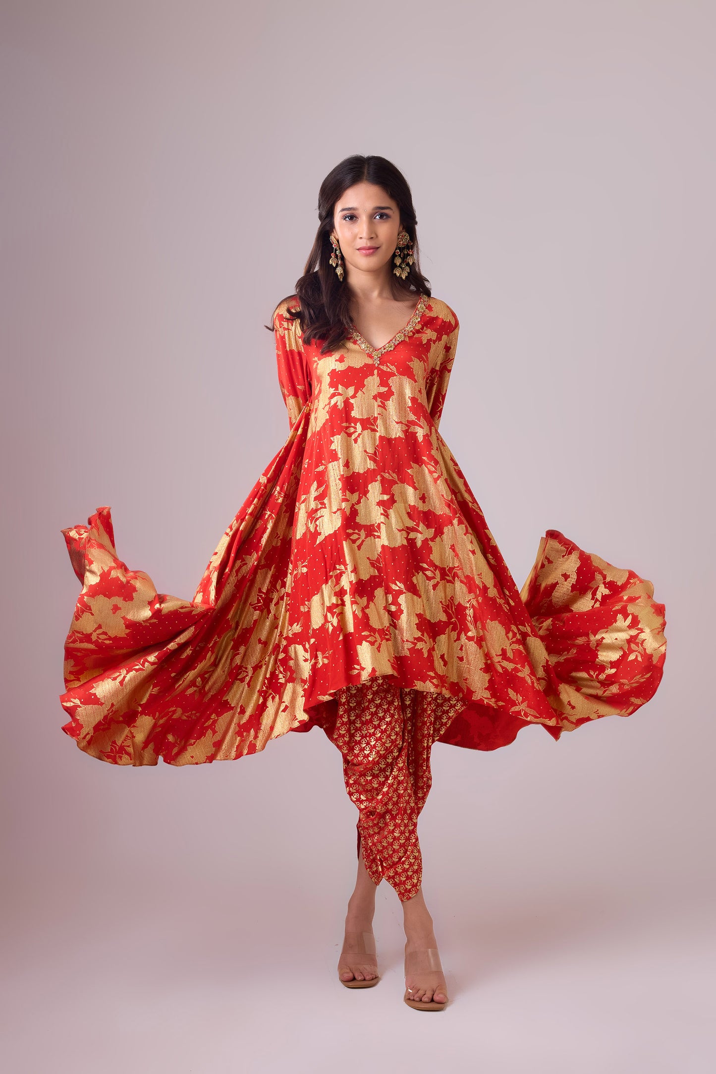 Sindoori Red Long asymmetrical foil printed Pure Silk kurta
