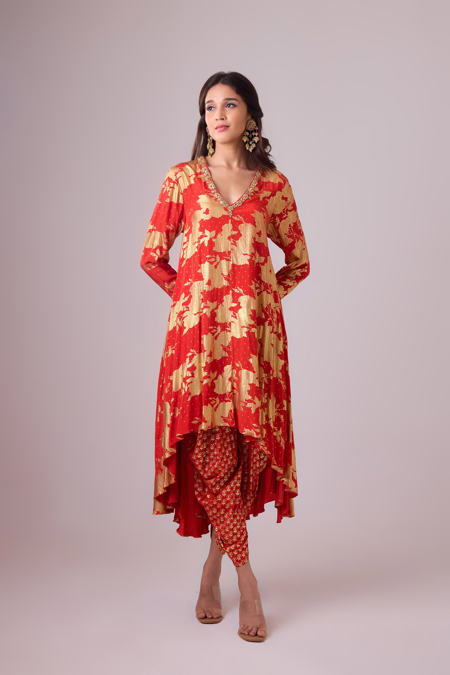 Sindoori Red Long asymmetrical foil printed Pure Silk kurta