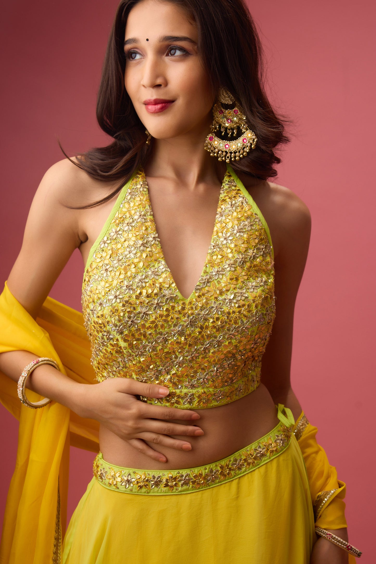 Lime green double layer organza lehenga paired with blouse &dupatta