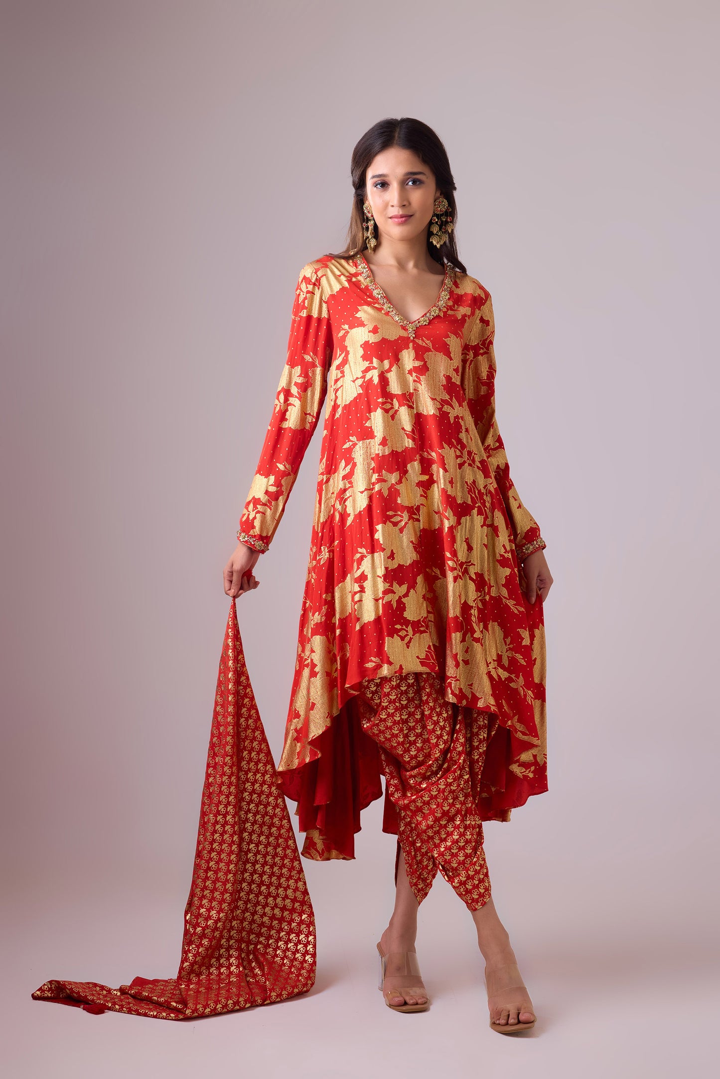 Sindoori Red Long asymmetrical foil printed Pure Silk kurta