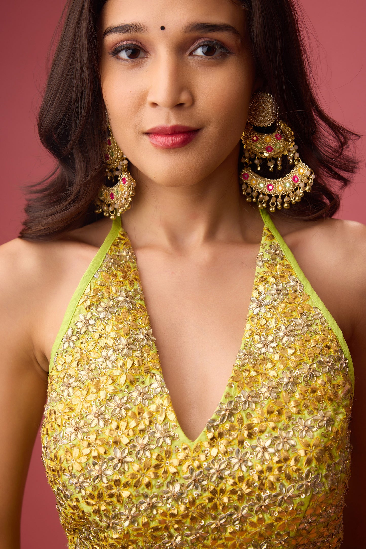 Lime green double layer organza lehenga paired with blouse &dupatta