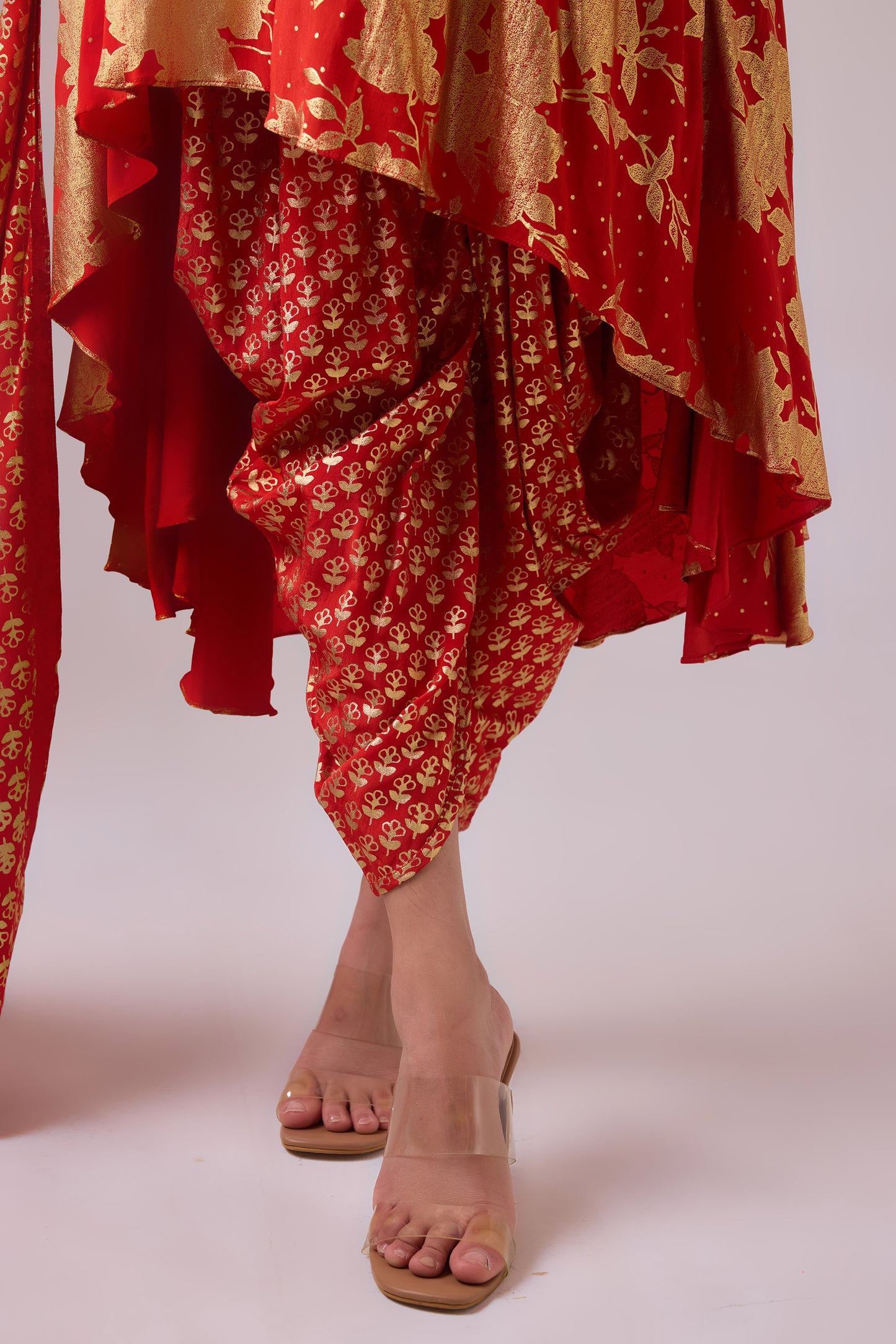Sindoori Red Long asymmetrical foil printed Pure Silk kurta