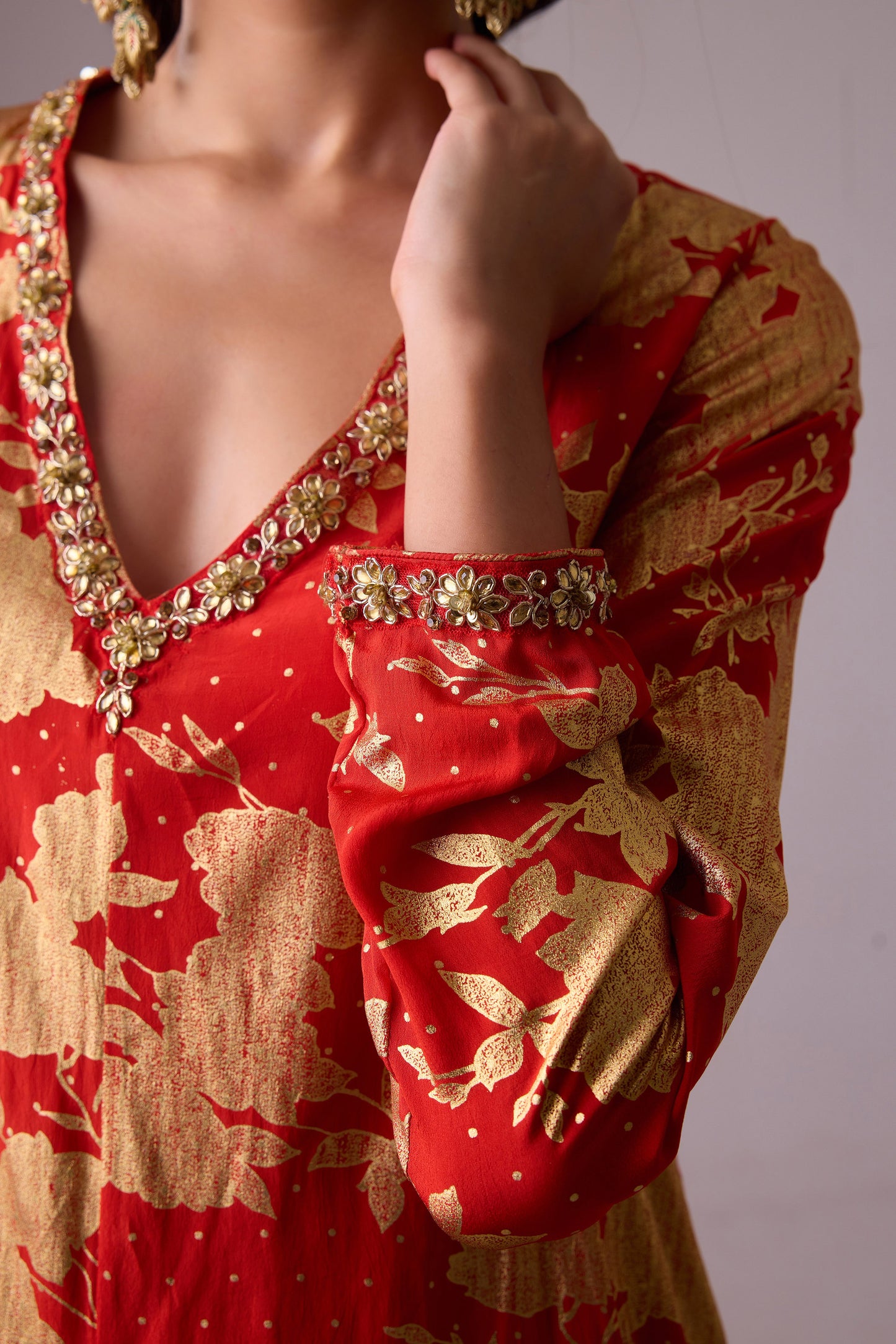 Sindoori Red Long asymmetrical foil printed Pure Silk kurta