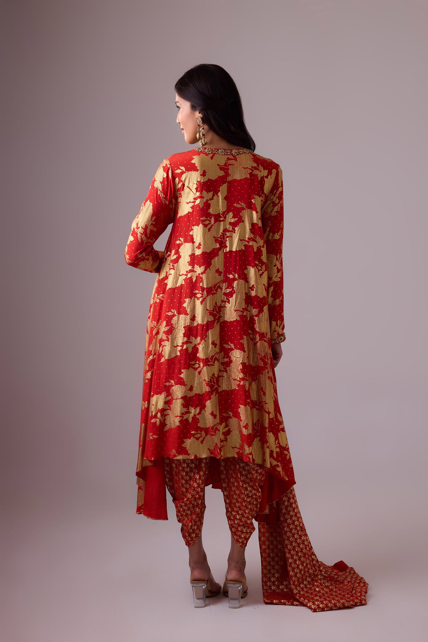 Sindoori Red Long asymmetrical foil printed Pure Silk kurta