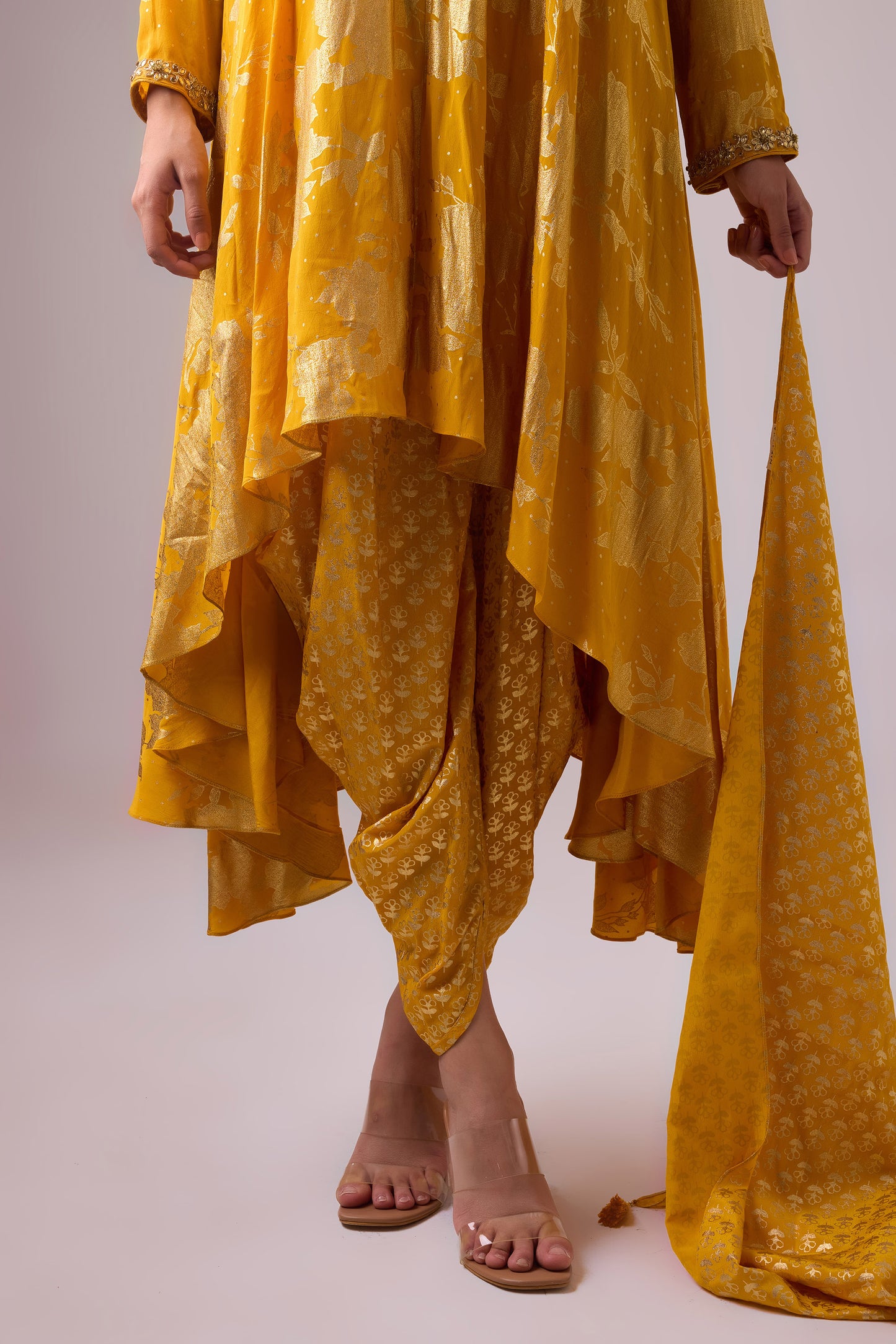 Haldi Phool Pure Silk Long asymmetrical foil printed kurta