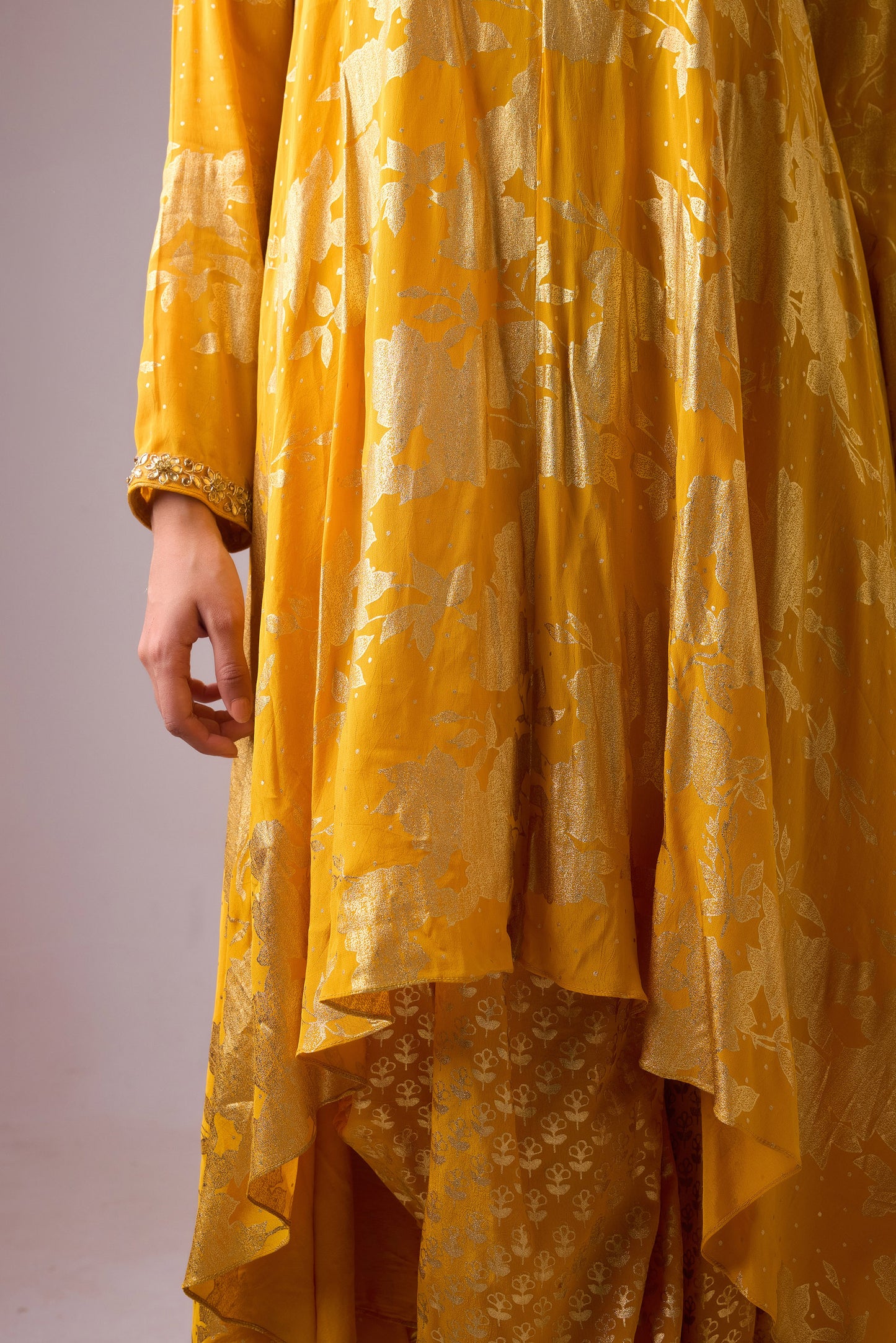 Haldi Phool Pure Silk Long asymmetrical foil printed kurta