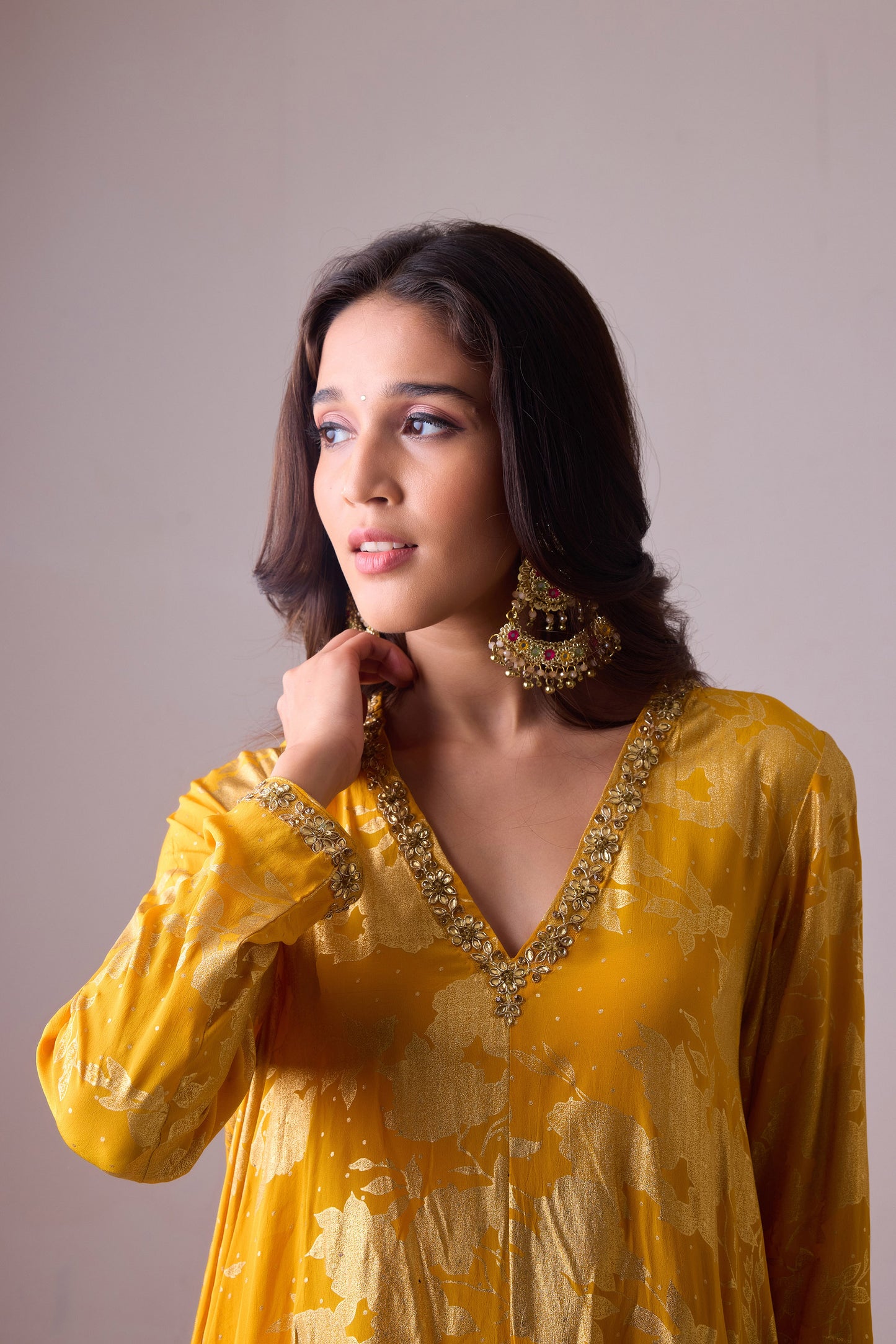 Haldi Phool Pure Silk Long asymmetrical foil printed kurta