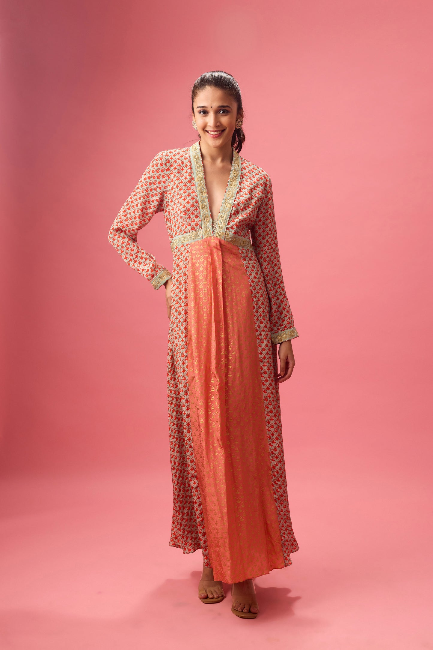Coral Gajjiri Kalidar kurta with print and embroidery paired with churidar