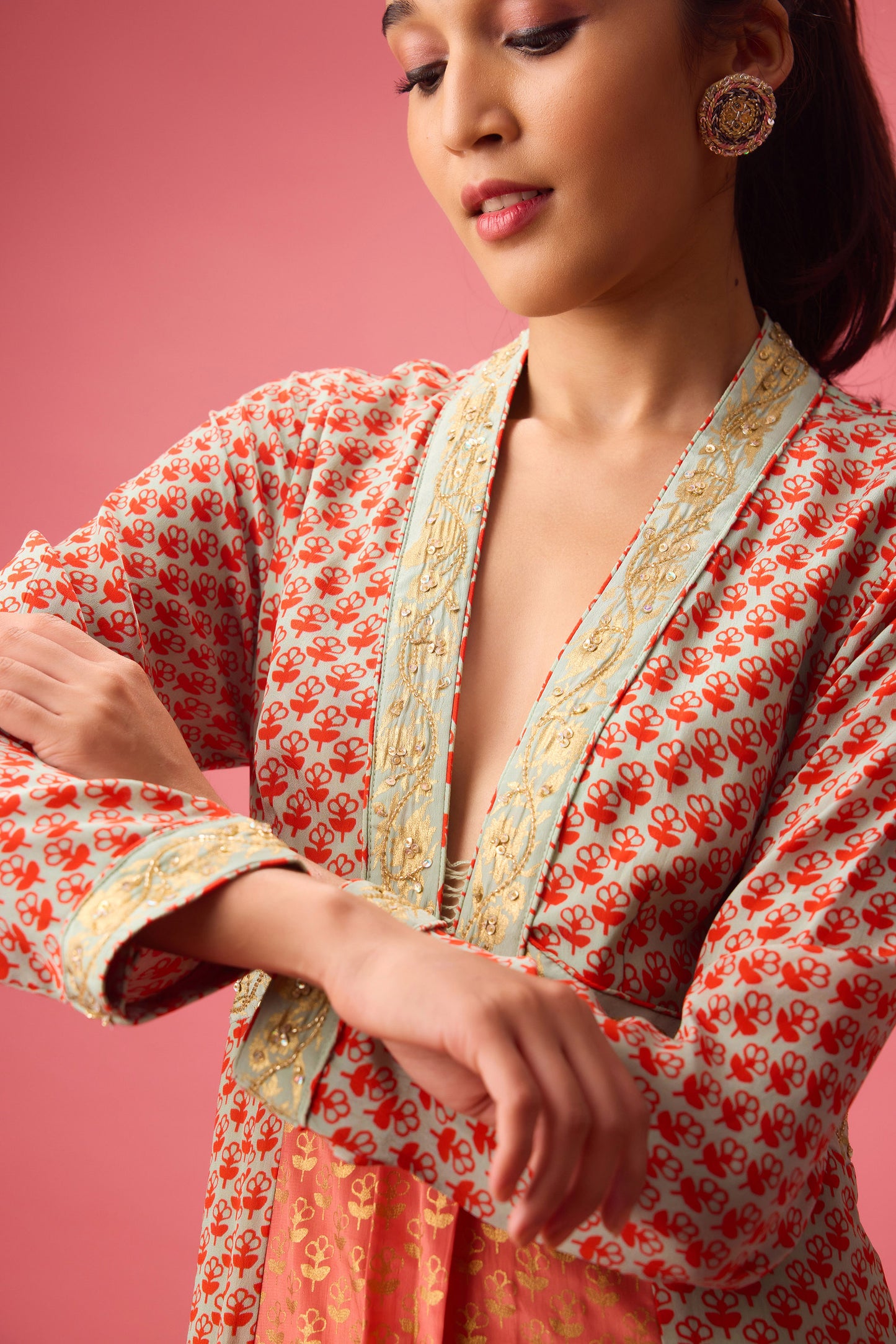 Coral Gajjiri Kalidar kurta with print and embroidery paired with churidar