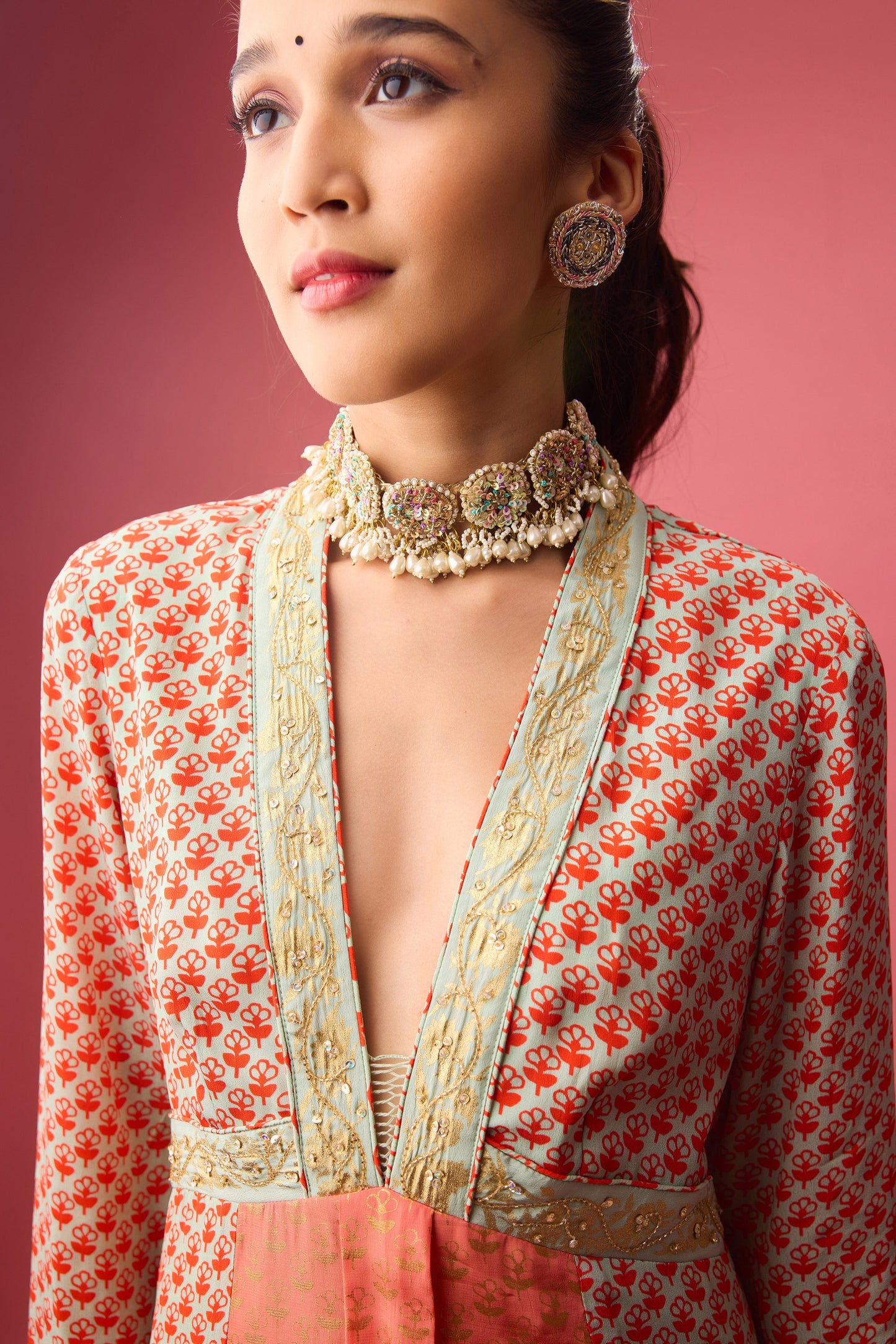 Coral Gajjiri Kalidar kurta with print and embroidery paired with churidar