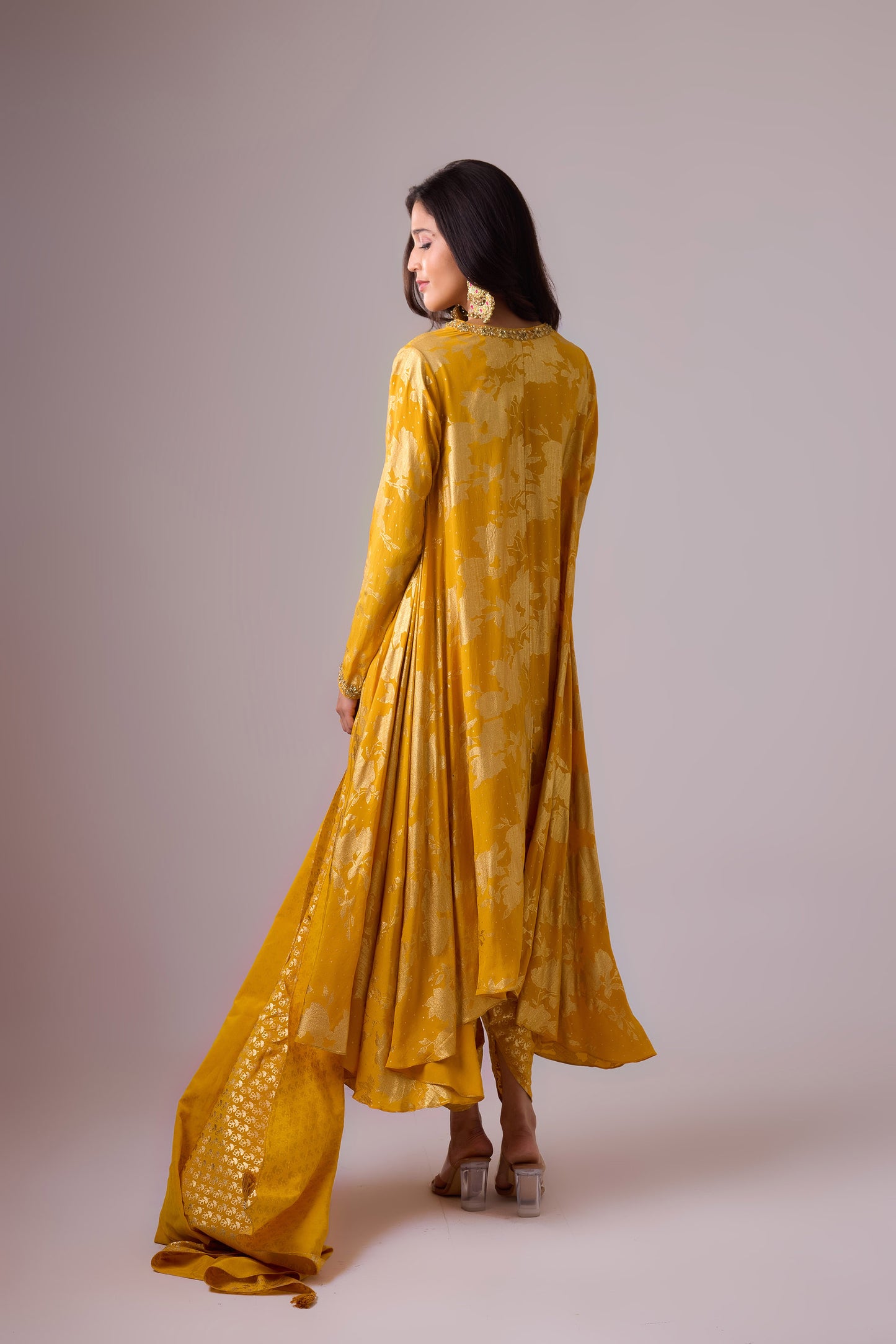Haldi Phool Pure Silk Long asymmetrical foil printed kurta