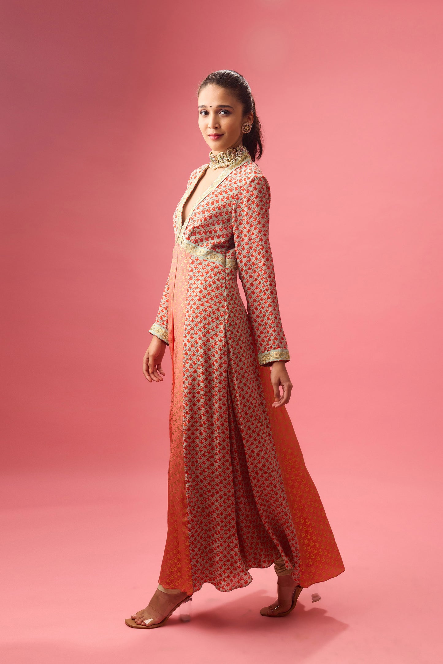 Coral Gajjiri Kalidar kurta with print and embroidery paired with churidar