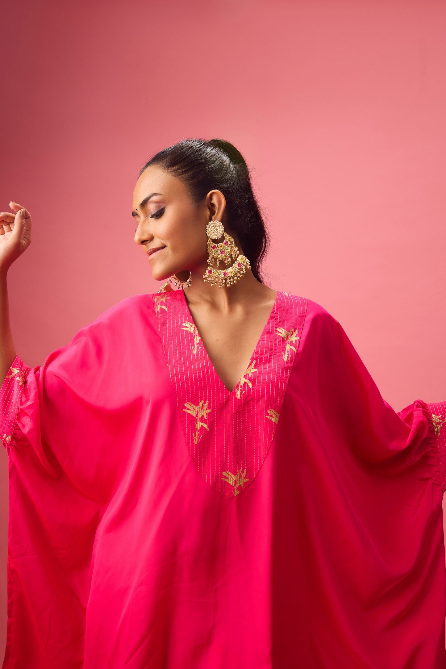 Rani Pink V neckline with dhagai and foiling kaftan detailing paired with salwar