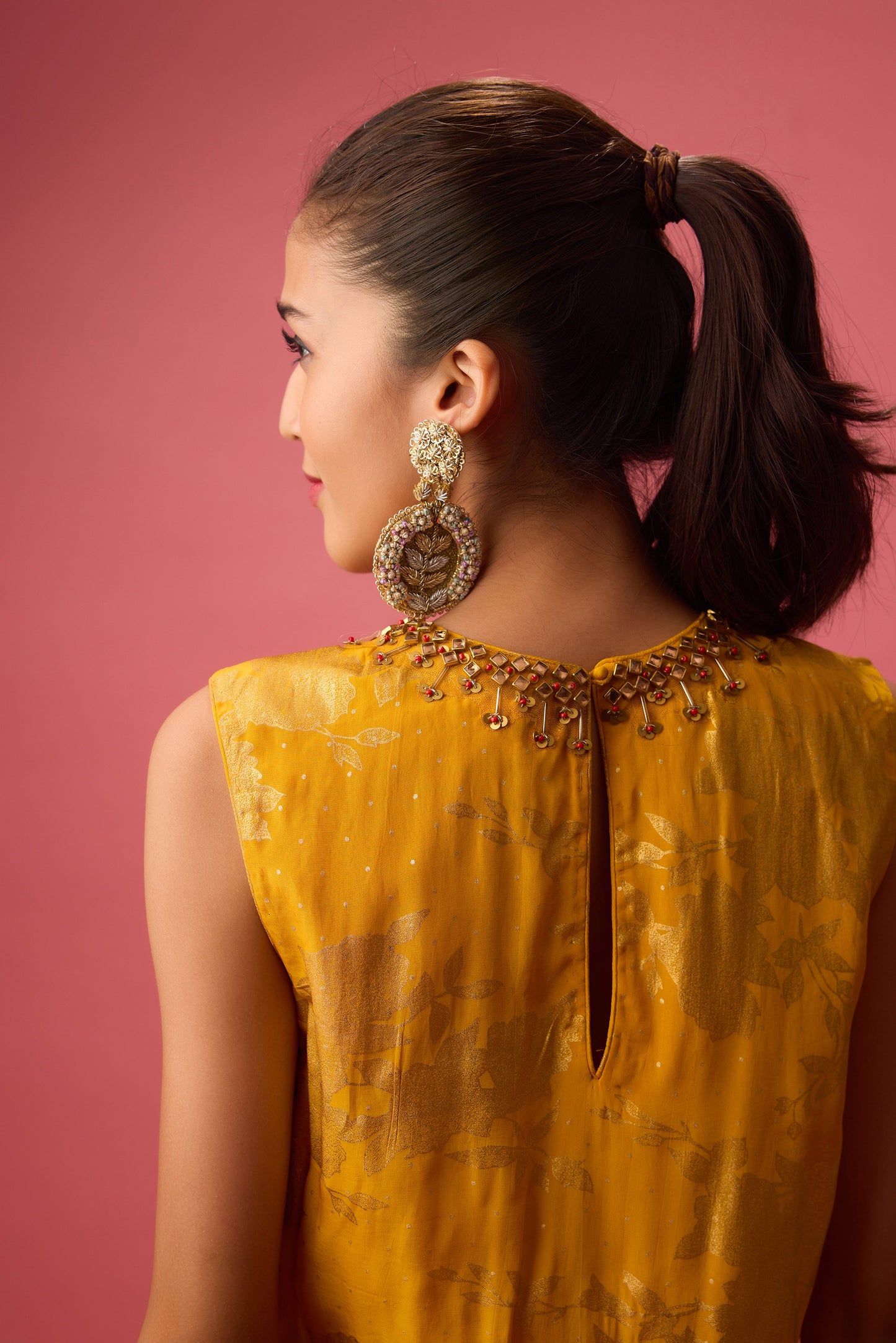 Ochre sharara set with foil printing paired with hand emb.Dupatta