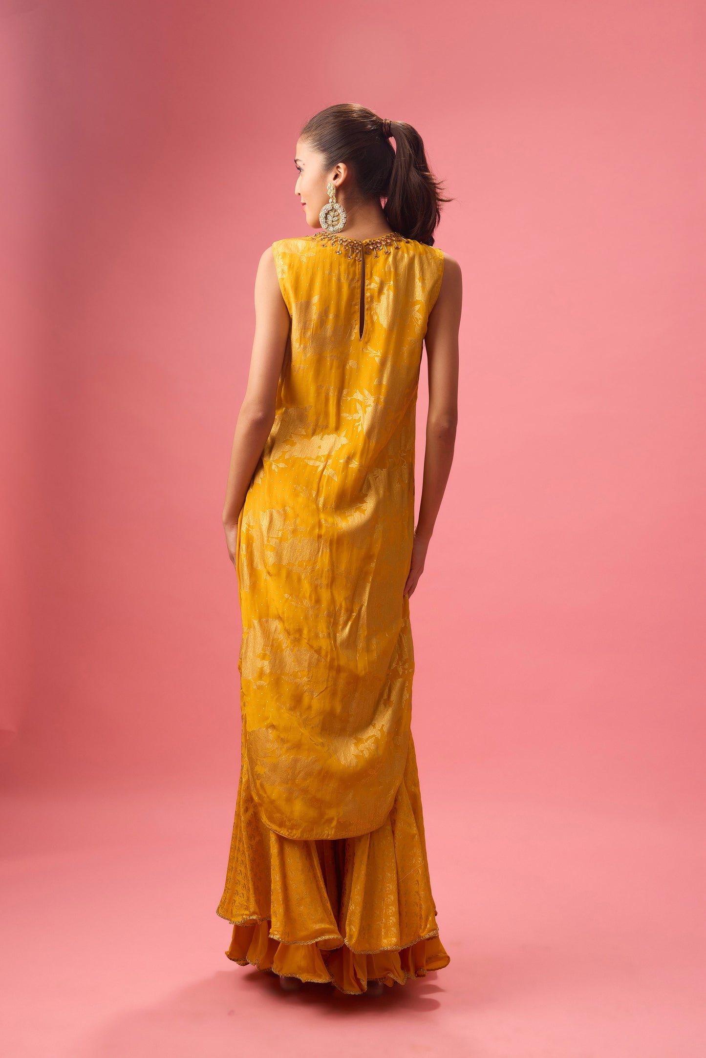 Ochre sharara set with foil printing paired with hand emb.Dupatta