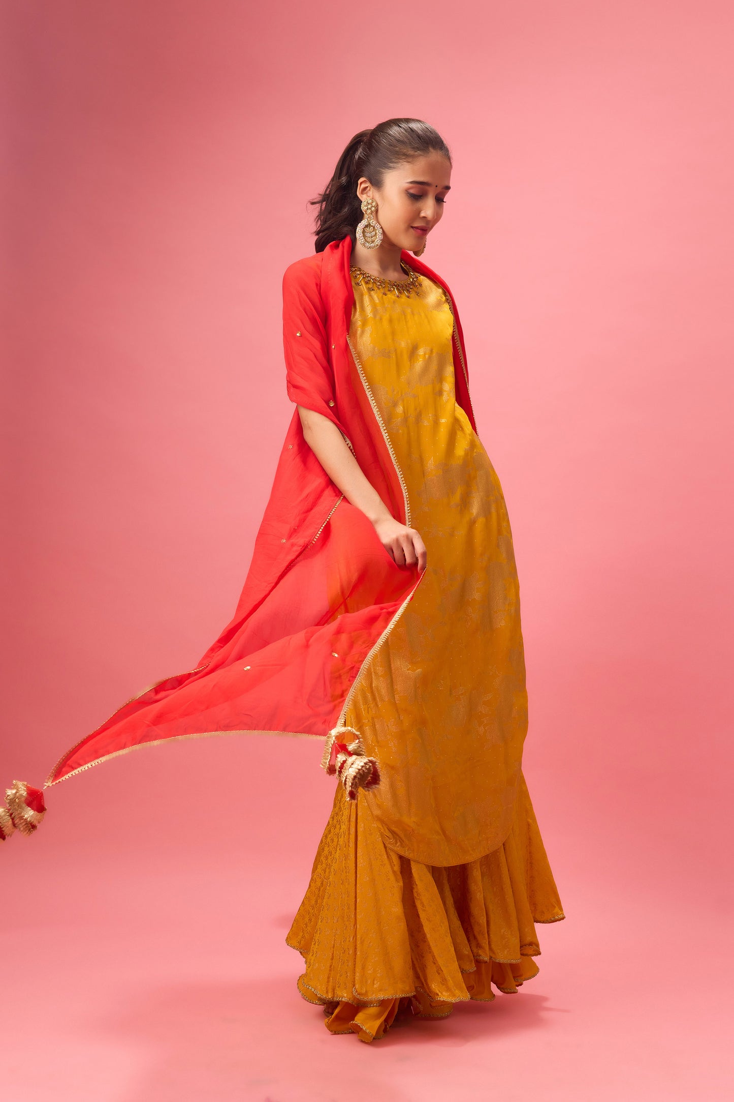 Ochre sharara set with foil printing paired with hand emb.Dupatta