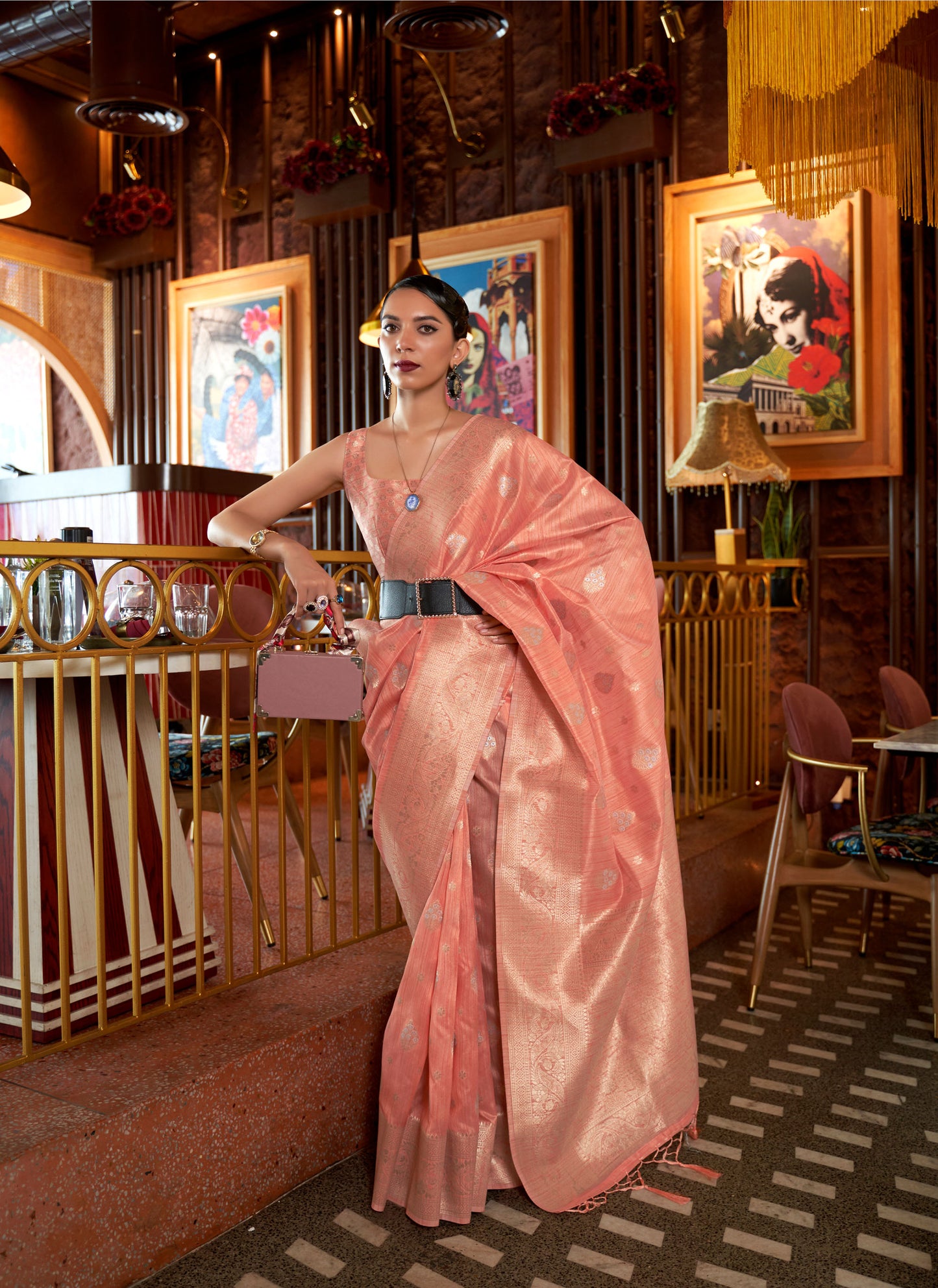 Peach Kamairah Silk Tussar Silk Handloom Saree