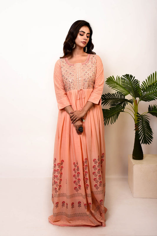 Peach Cotton Embroidered Long Dress