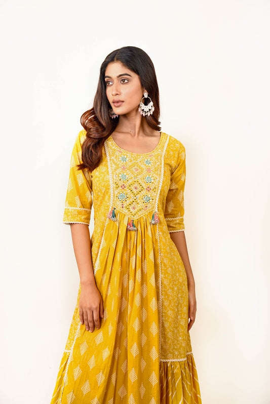 Mustard Yellow Cotton Embroidered Long dress