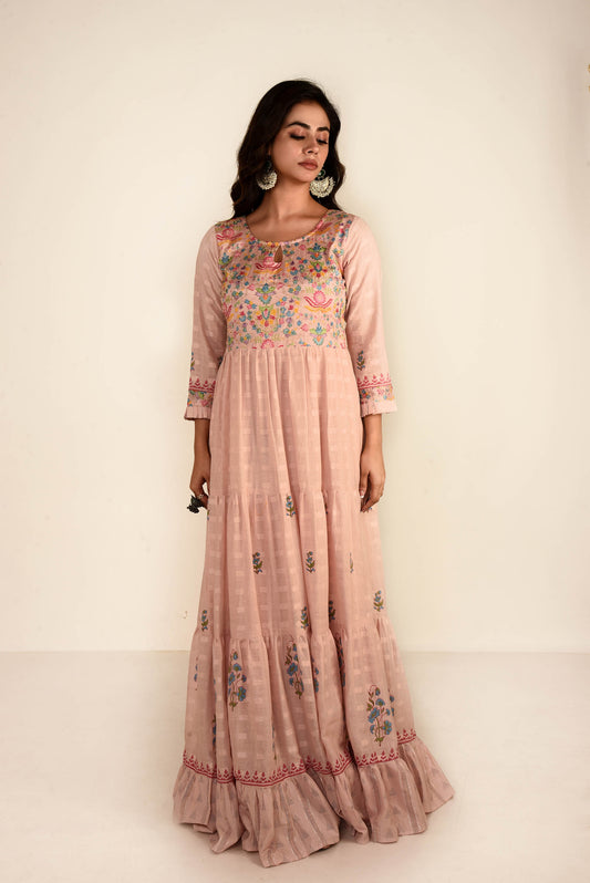 Pink Cotton Jacquard  Embroidered Long dress