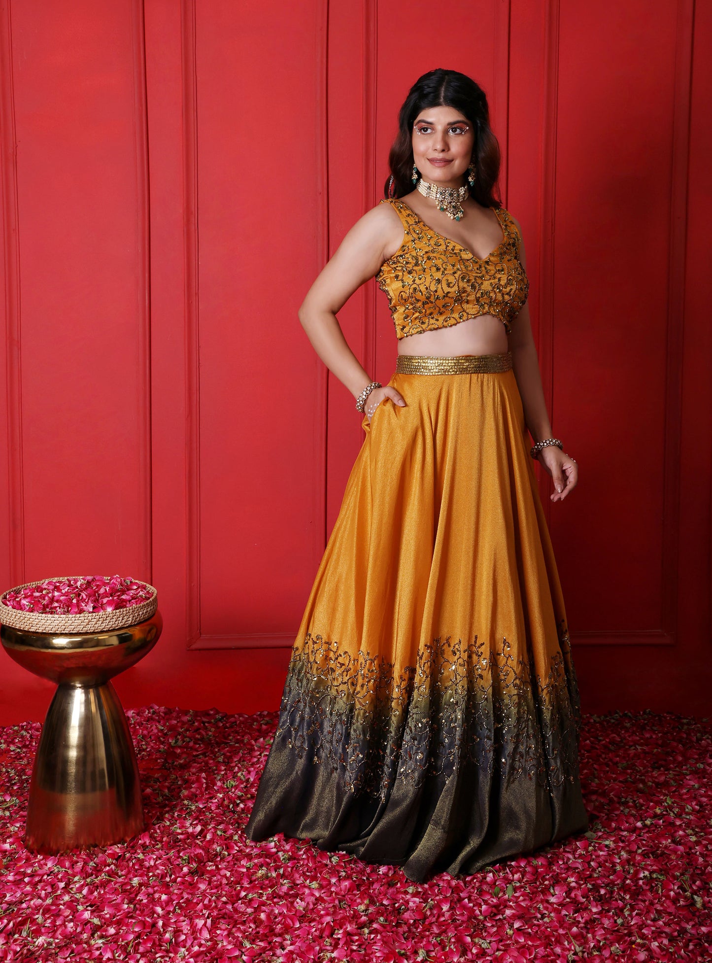Goldenrod & Judge Grey Hand Embroidered Ombre Lehenga Set