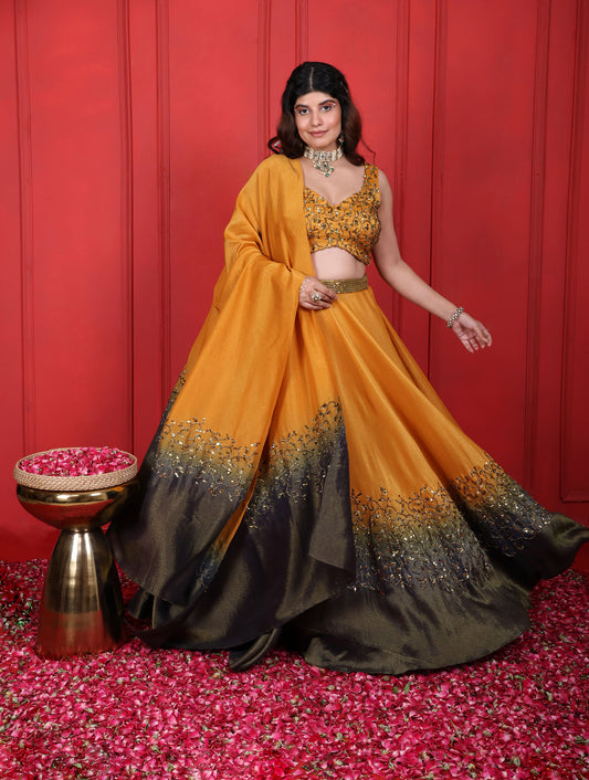 Goldenrod & Judge Grey Hand Embroidered Ombre Lehenga Set