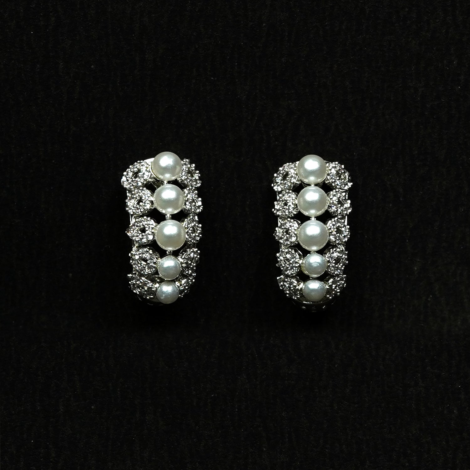 Zevar Club Rhodium-Plated Handcrafted Cubic Zirconia & Pearl Studded Huggie Hoop Earrings