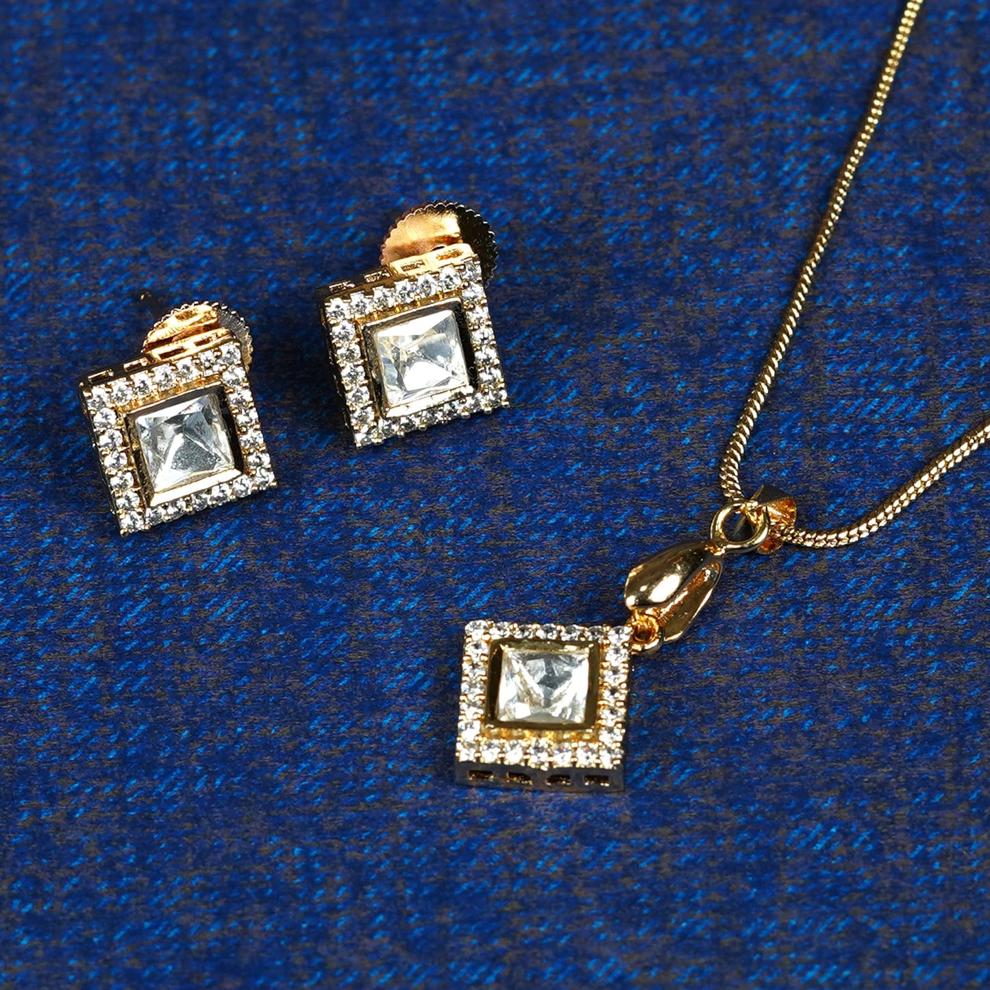 Zevar Club 22K Gold-Plated Diamond-Shaped Cubic Zirconia Studded Pendant Necklace Set for Women