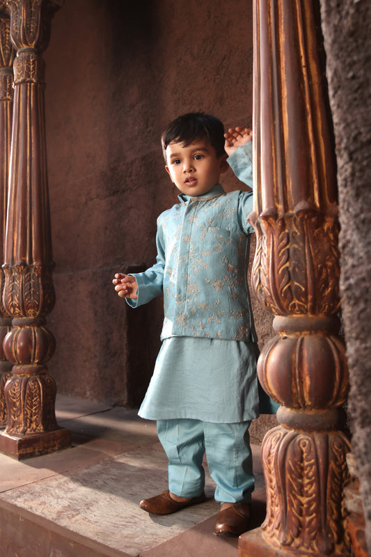 Blue Embroidered Nehru Jacket with Kurta and Pant