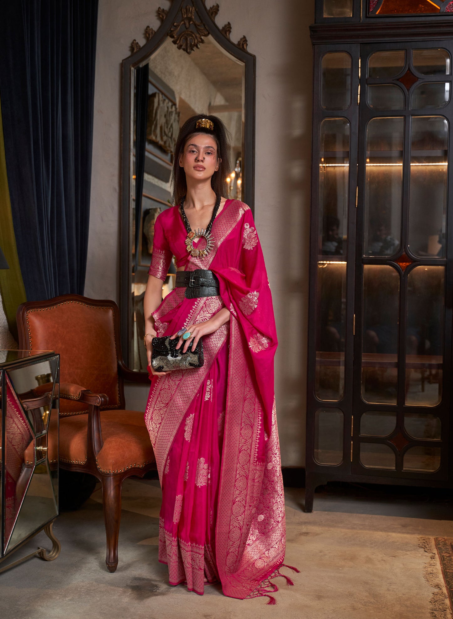 Rose Pink Korsa Georgette Pure Khadi Nylon saree