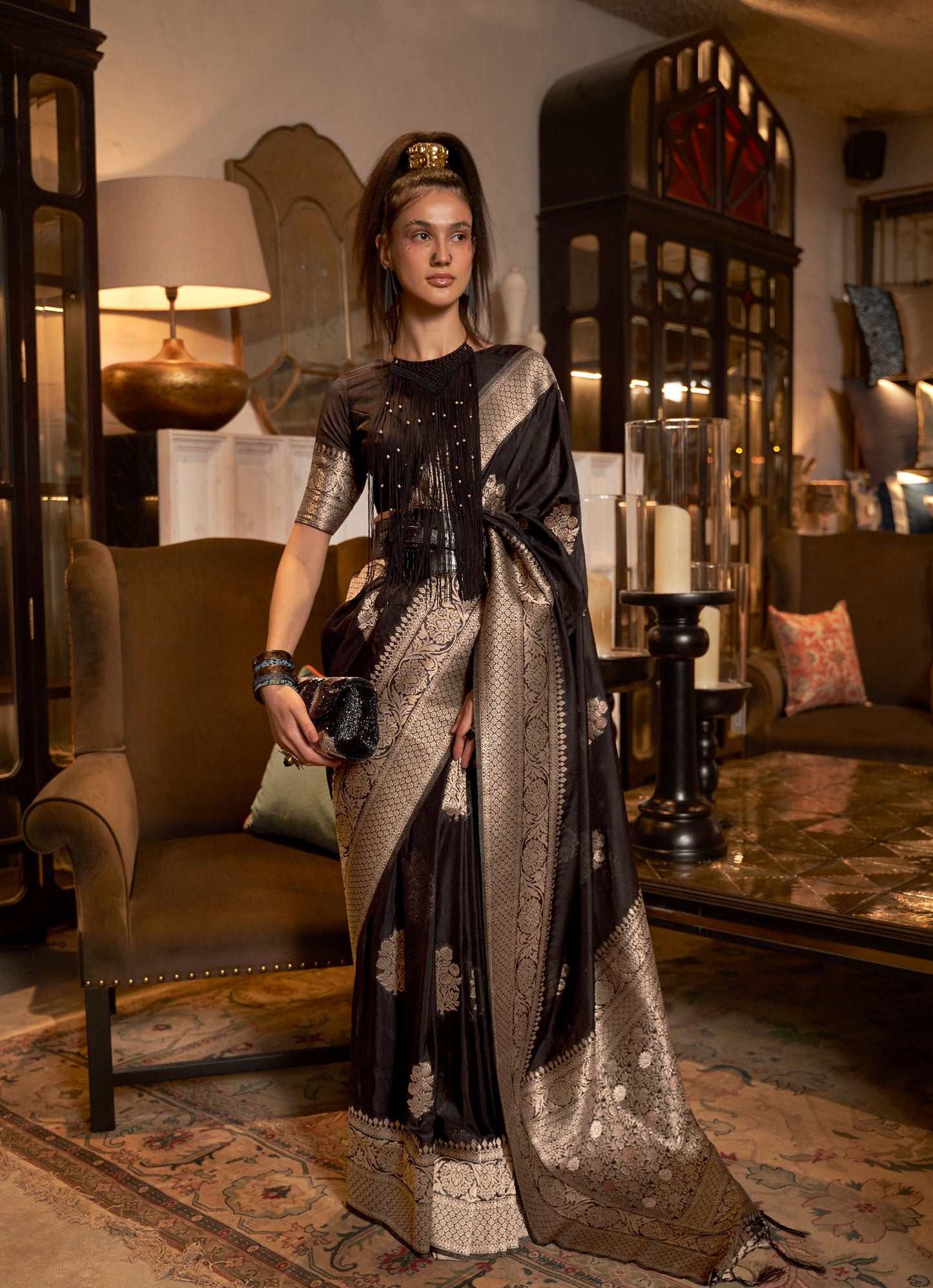 Black Korsa Georgette Pure Khadi Nylon saree